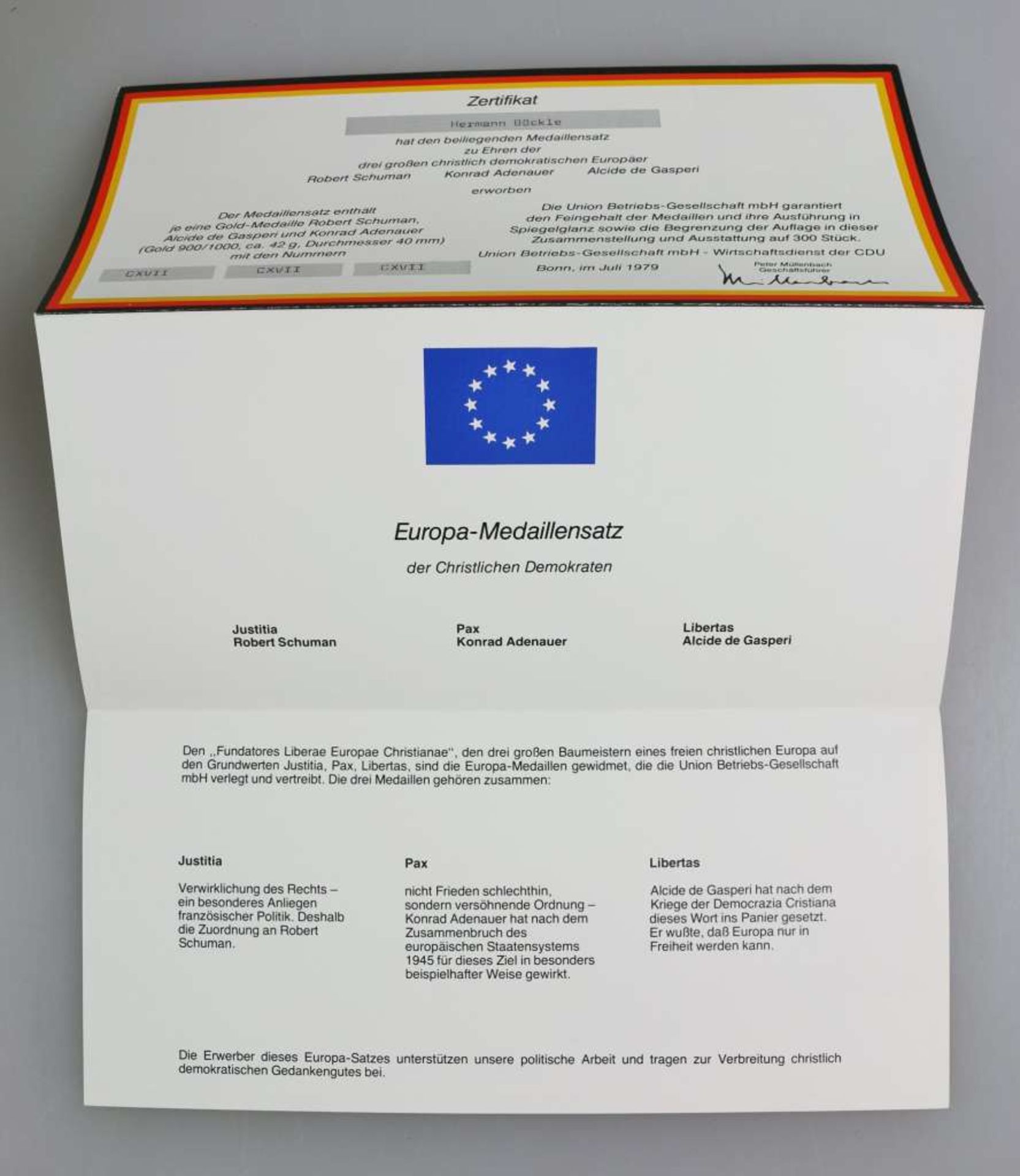 Satz Goldmedaillen, "Fundatores Liberae Europae Christianae", 3-teilig, 1979, je eine Medaille - Bild 6 aus 8