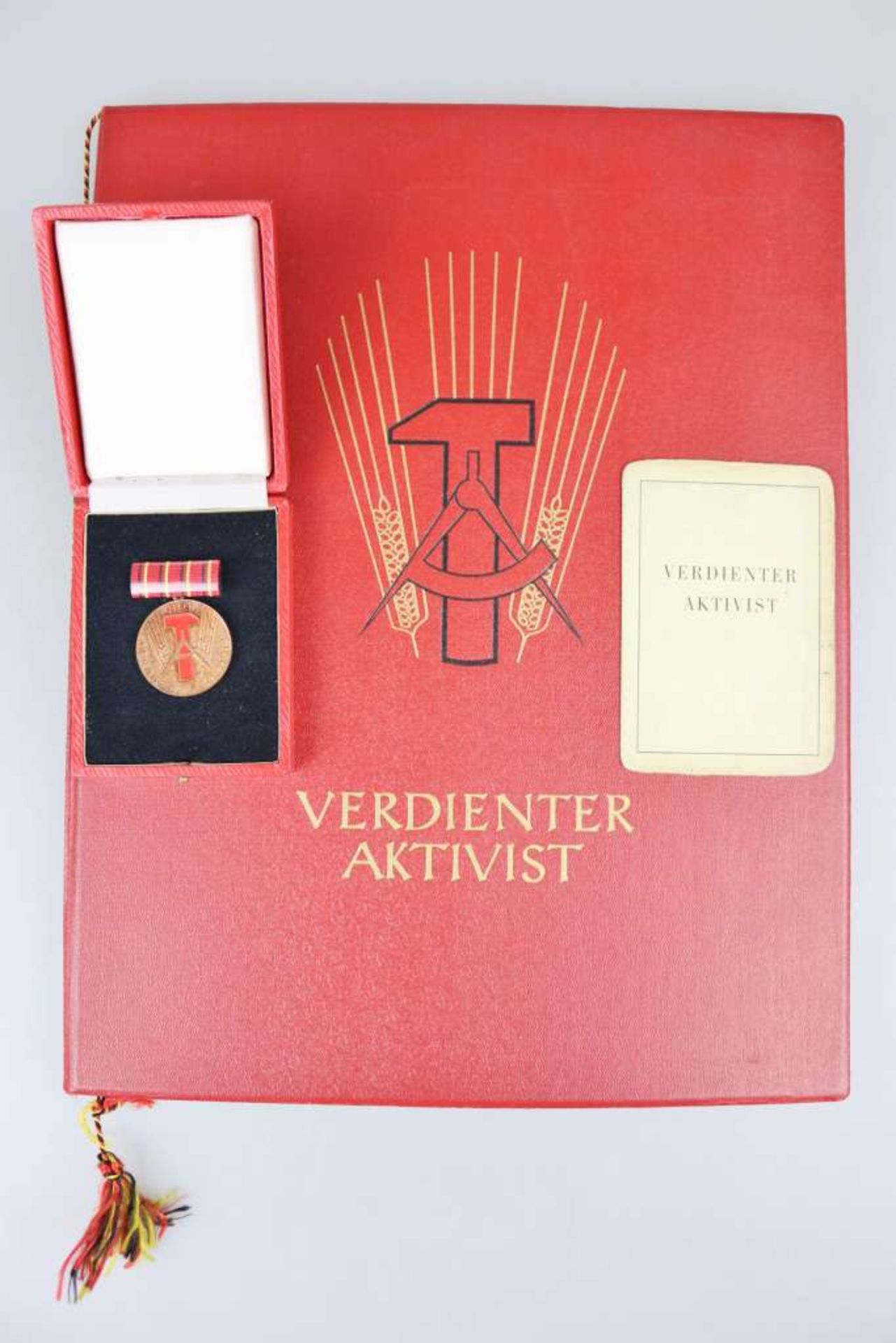 DDR, Medaille zum Ehrentitel "Verdienter Aktivist", Buntmetall bronziert, teilweise emailliert,