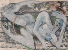 Elvira BACH (1951), Gouache auf Papier, u.li. sign, dat. 89, weibl. Akt mit Anthurie 