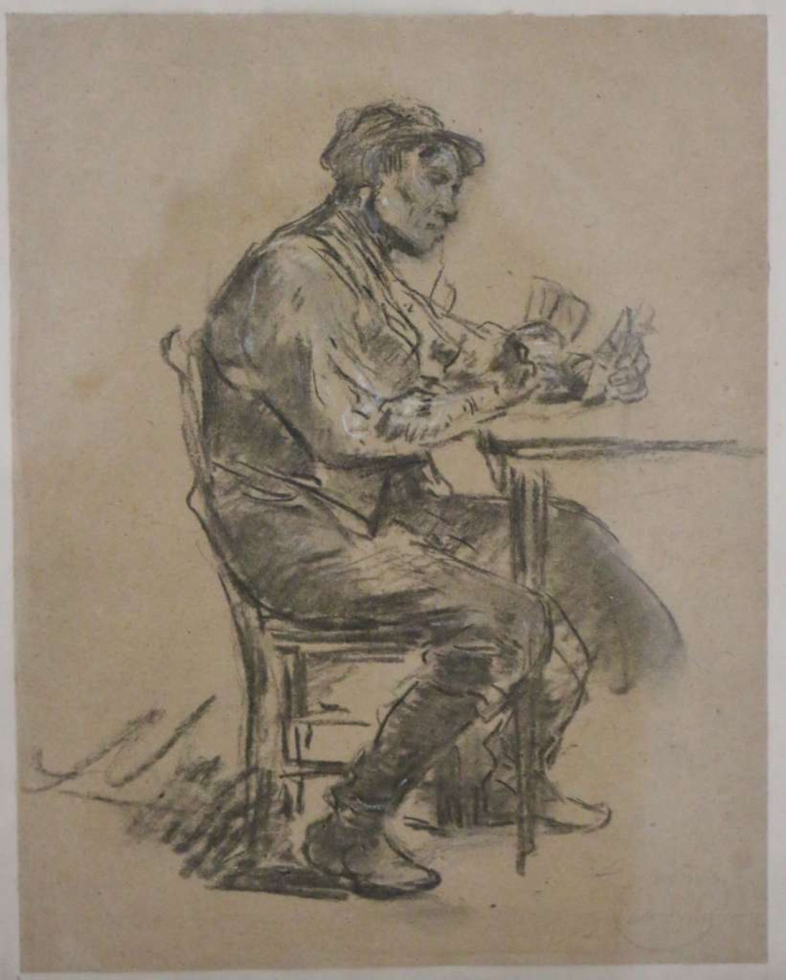 Anton BURGER (1824-1905), Bleistiftstudie mit Weißhöhung, Darstellung eines Karten spielenden