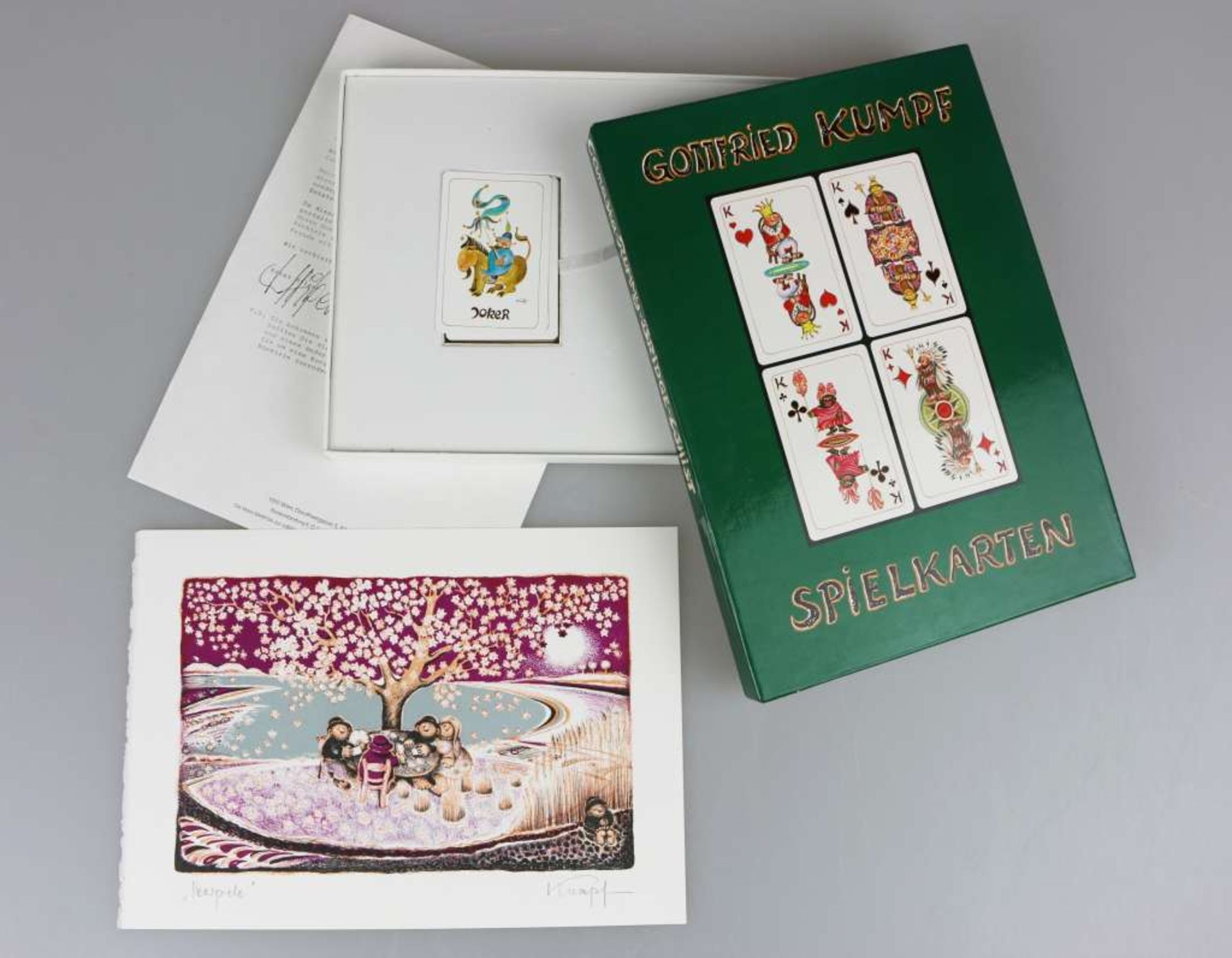 Gottfried KUMPF (1930), Spielkarten mit Farblithographie "Seespiele", 1984, betitelt, u.li. han