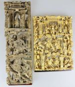 Zwei Holzpaneele, China, 20. Jh., Schnitzerei, Schwarz- u. Rotlack, partiell vergoldet, Darstel