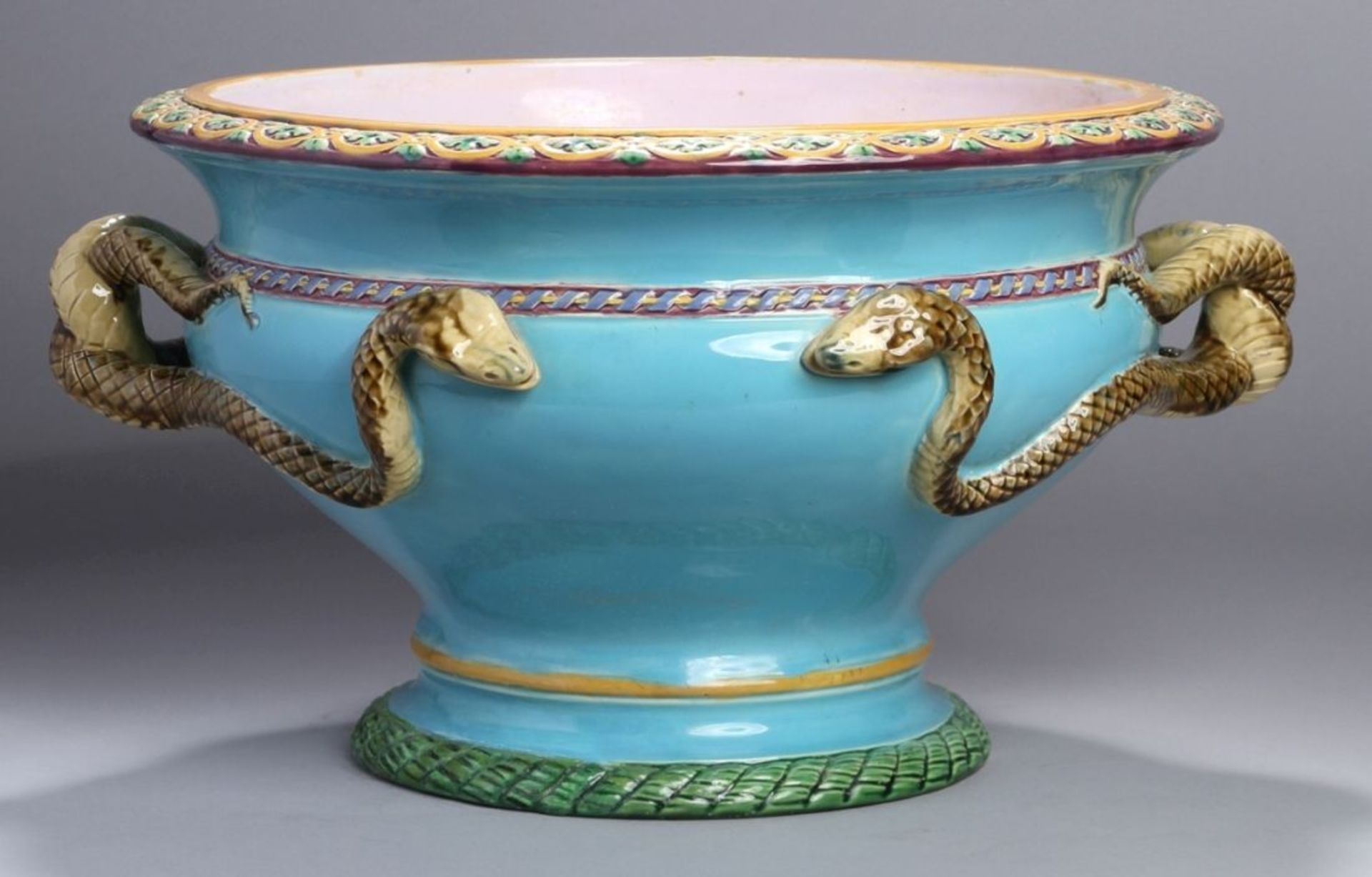 Keramik-Cachepot, Minton, England, um 1880, ausgestellter Rundstand, eingezogener Schaft,