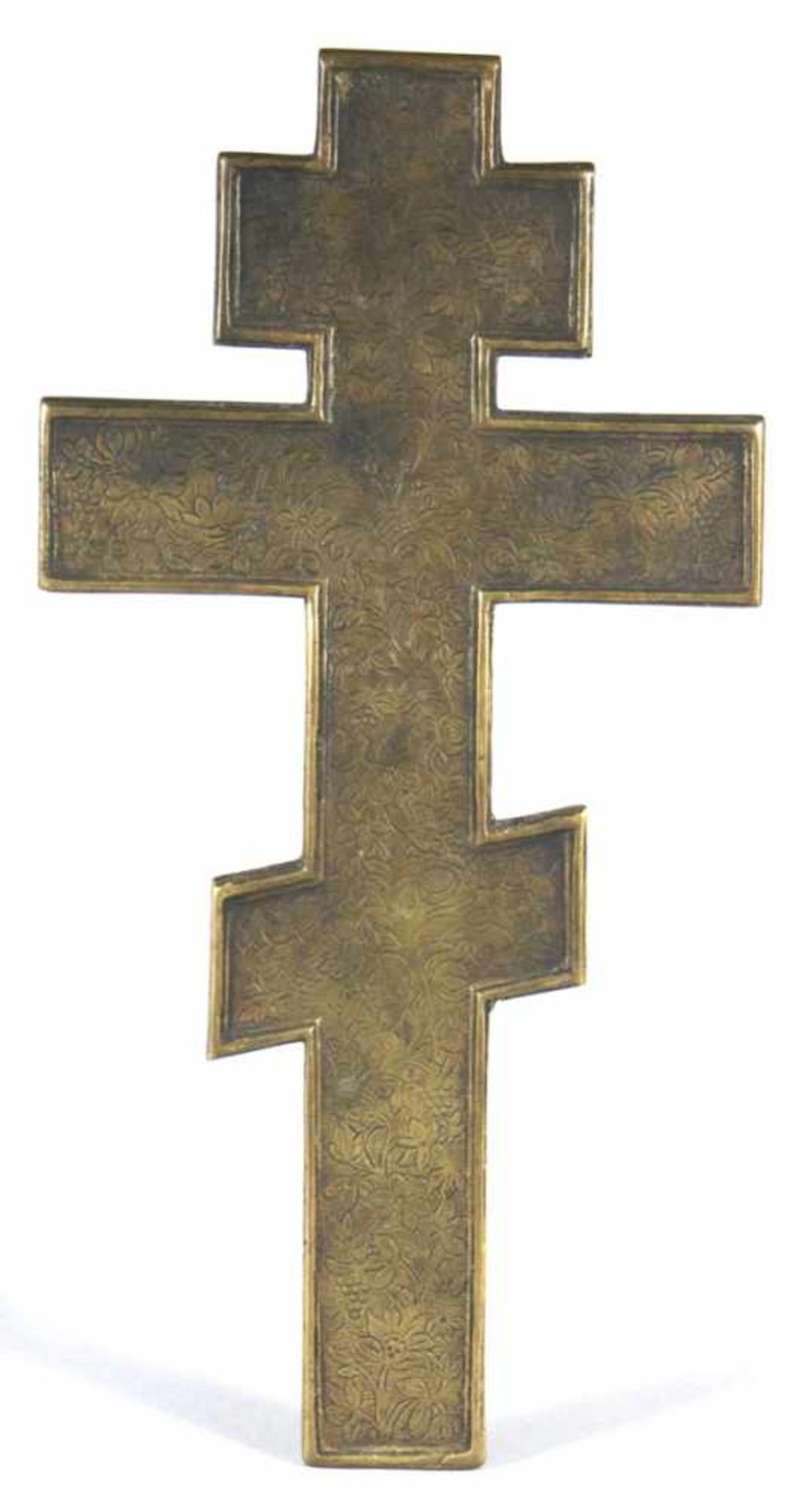 Bronze-Ikonenkreuz, Russland, 19. Jh., flache, orthodoxe Kreuzform mit reliefiertem Corpus - Bild 2 aus 2