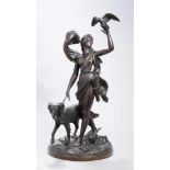 Bronze-Plastik, "Diana mit Jagdhund", unleserlich signierender Bildhauer um 1900,