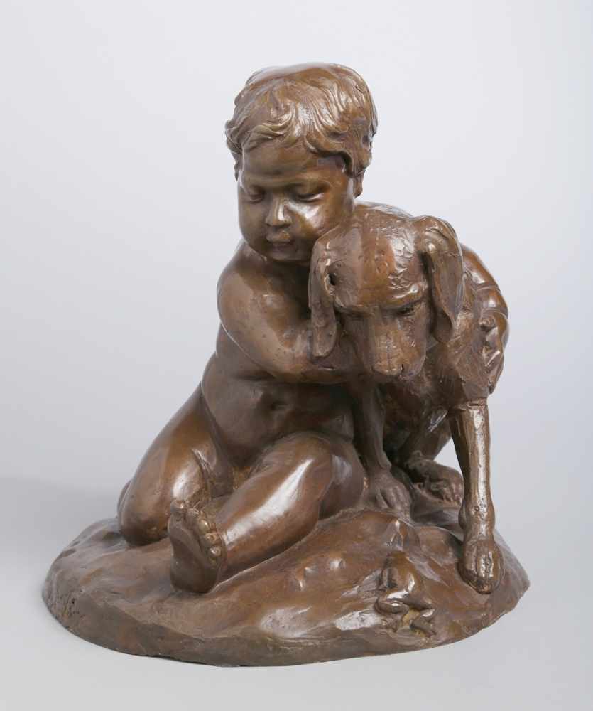 Bronze-Plastik, "Putto mit Hund", anonymer Bildhauer Mitte 20. Jh., vollplastische,