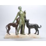 Art Déco Bronze-Plastik, "Dame mit zwei Hunden", Kovats, Zoltan, Bildhauer 1883 - 1952,<