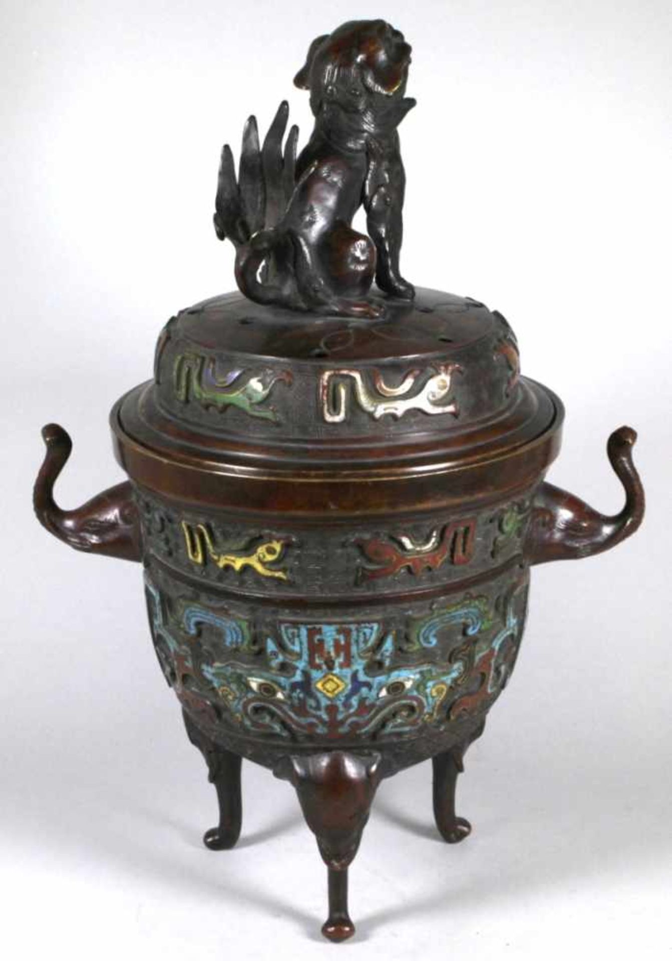 Bronze-Koro, China, 19. Jh., urnenförmiger, abgesetzt gearbeiteter Korpus auf 3 schlanken,< - Bild 2 aus 4