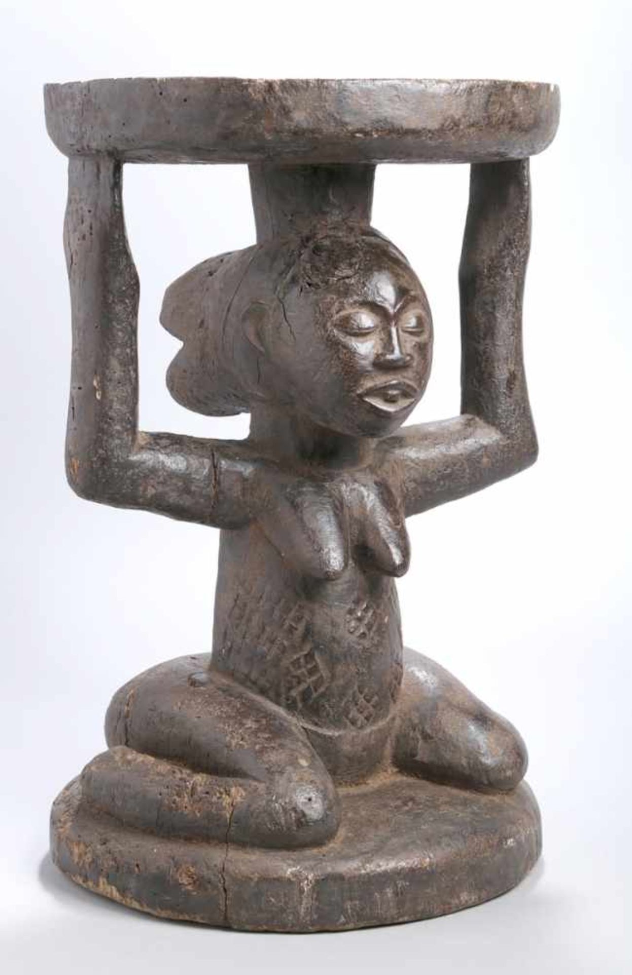 Karyatiden-Hocker, Luba, Kongo, über rundem, gewölbtem Sockel plastische, weibliche,<b