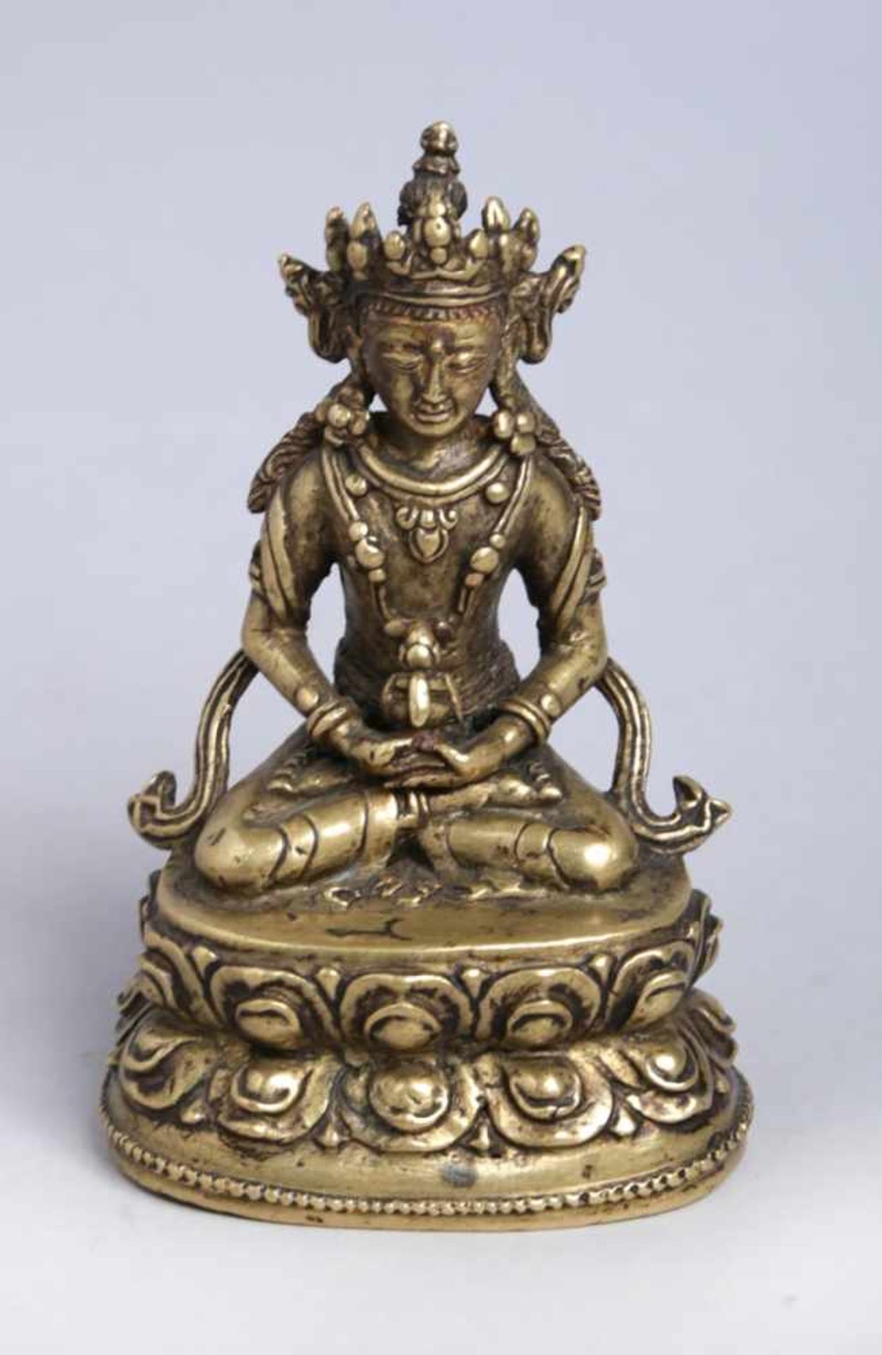 Bronze-Plastik, "Amitayus", Tibet, 15. Jh., auf Doppellotossockel vollplastische