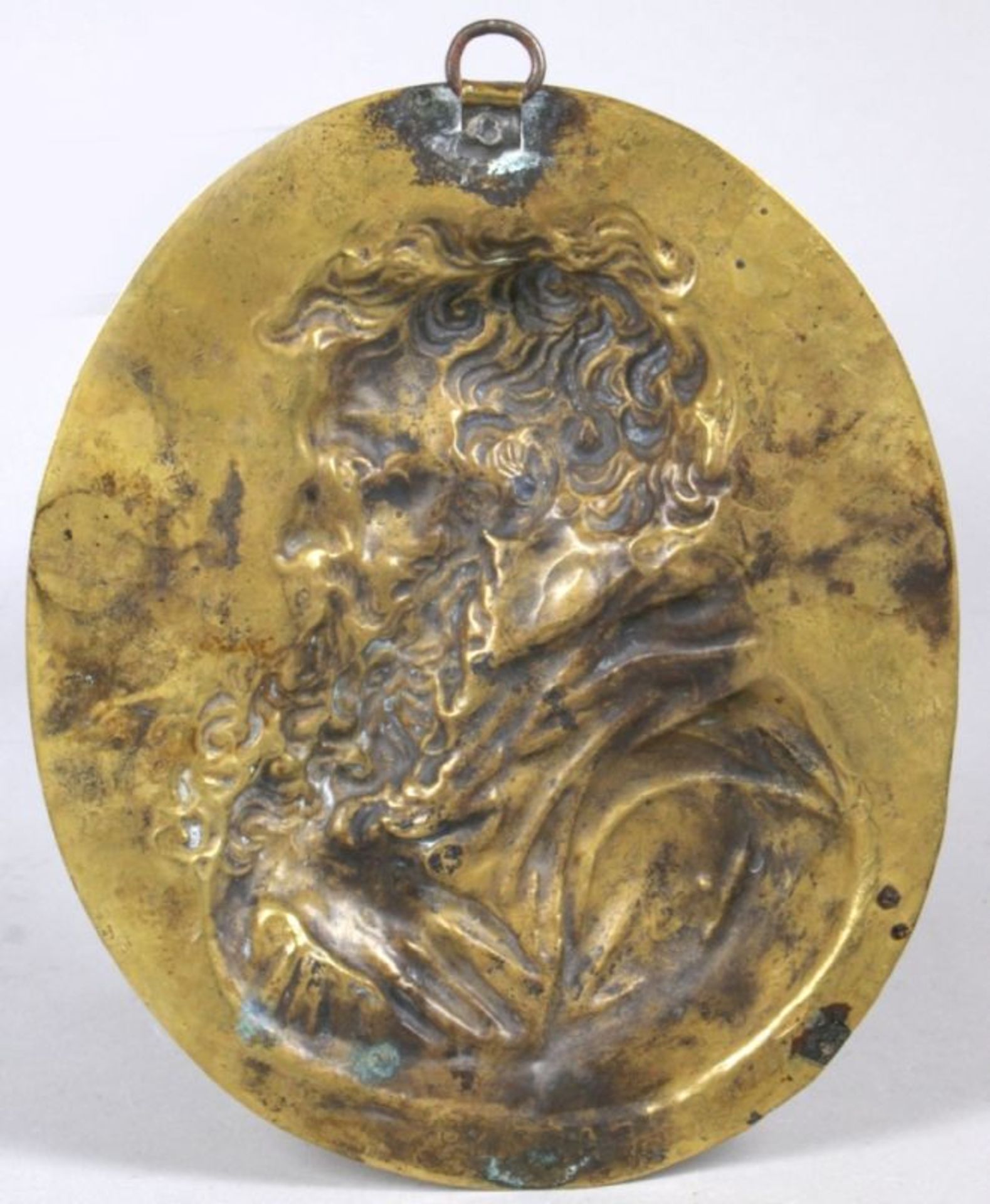 Messing-Reliefwandplatte, "St. Paulus", 18. Jh., ovale Form, handgetriebenes,reliefplastisches, - Bild 2 aus 2