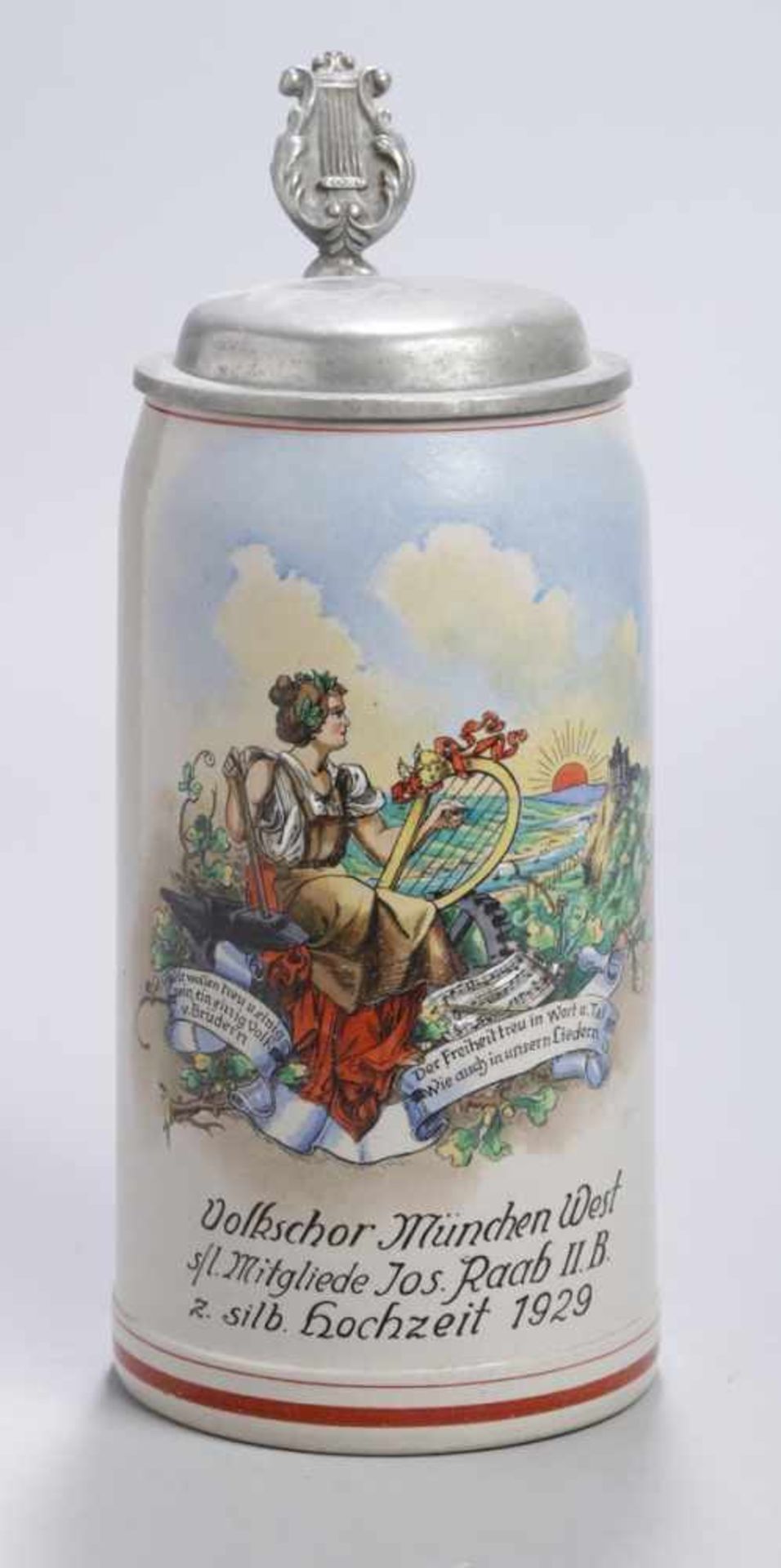 Steinzeug-Bierkrug, dt., 1929, über leicht abgesetztem Rundstand fassförmiger Korpus miteingezogenem