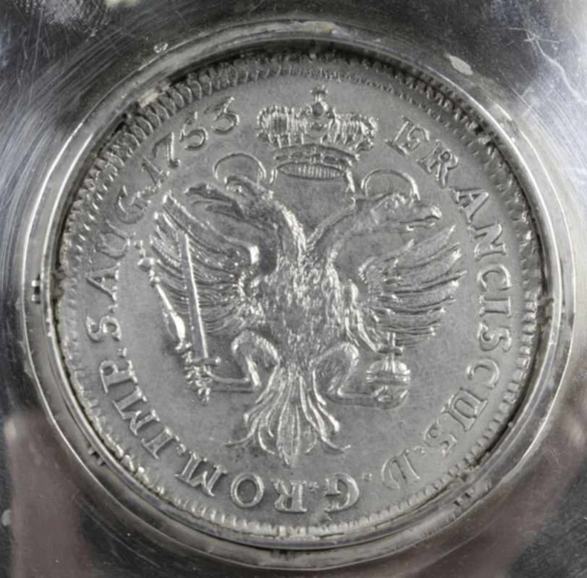 Münz-Schale, dt., Silber 835, mittig seltene Bremer Münze von 1753, rund, rücks. mitgravierter - Bild 3 aus 4