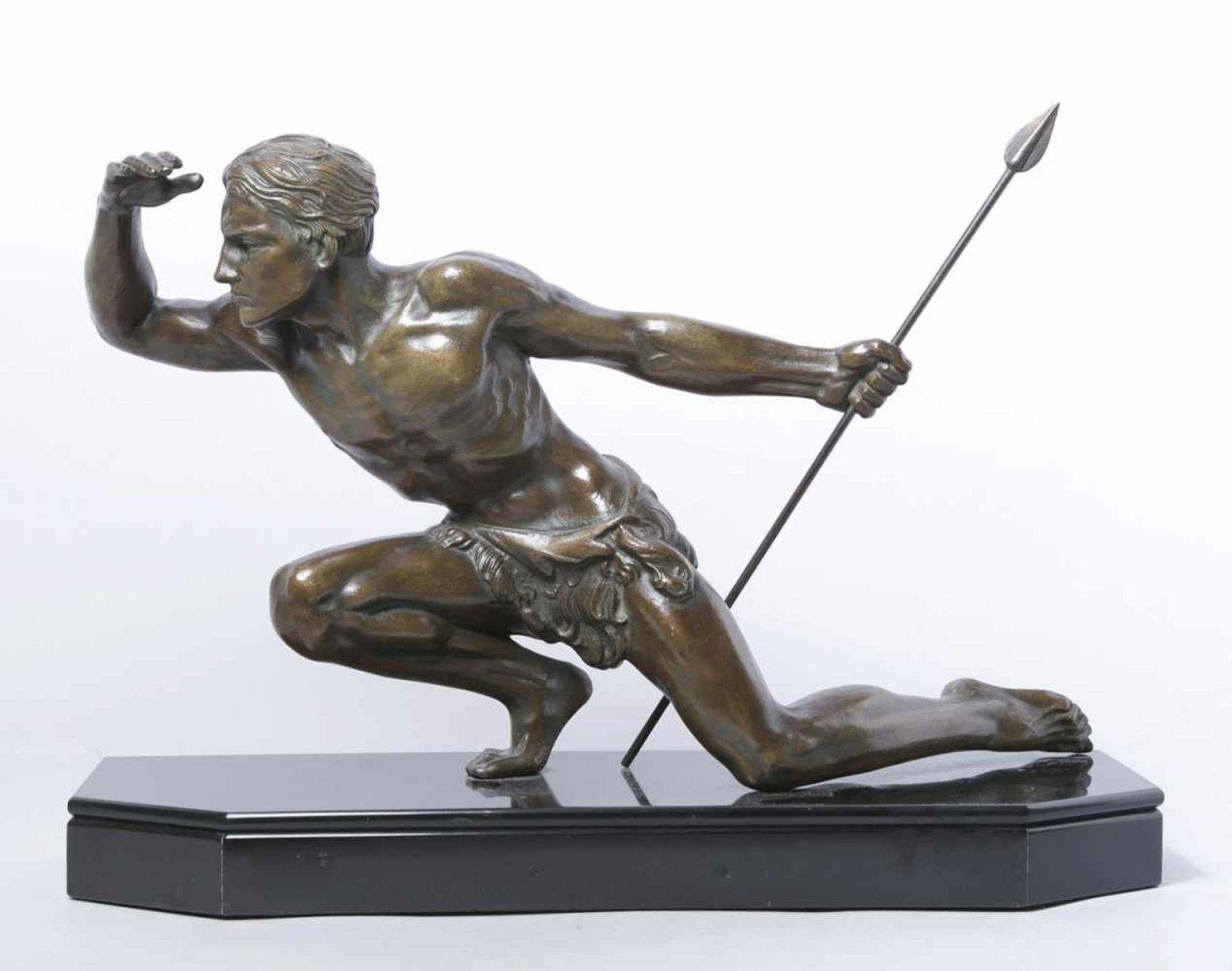 Bronze-Plastik, "Speerkämpfer", Roncourt, Jean de, französischer Bildhauer des 19./20.Jh.,