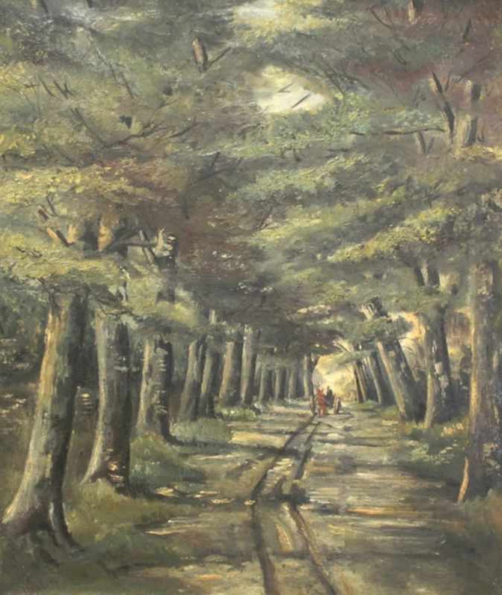Unleserlich signierender Maler, Mitte 20. Jh. "Fahrt durch den Wald", Öl/Lw., 60 x 50 cm