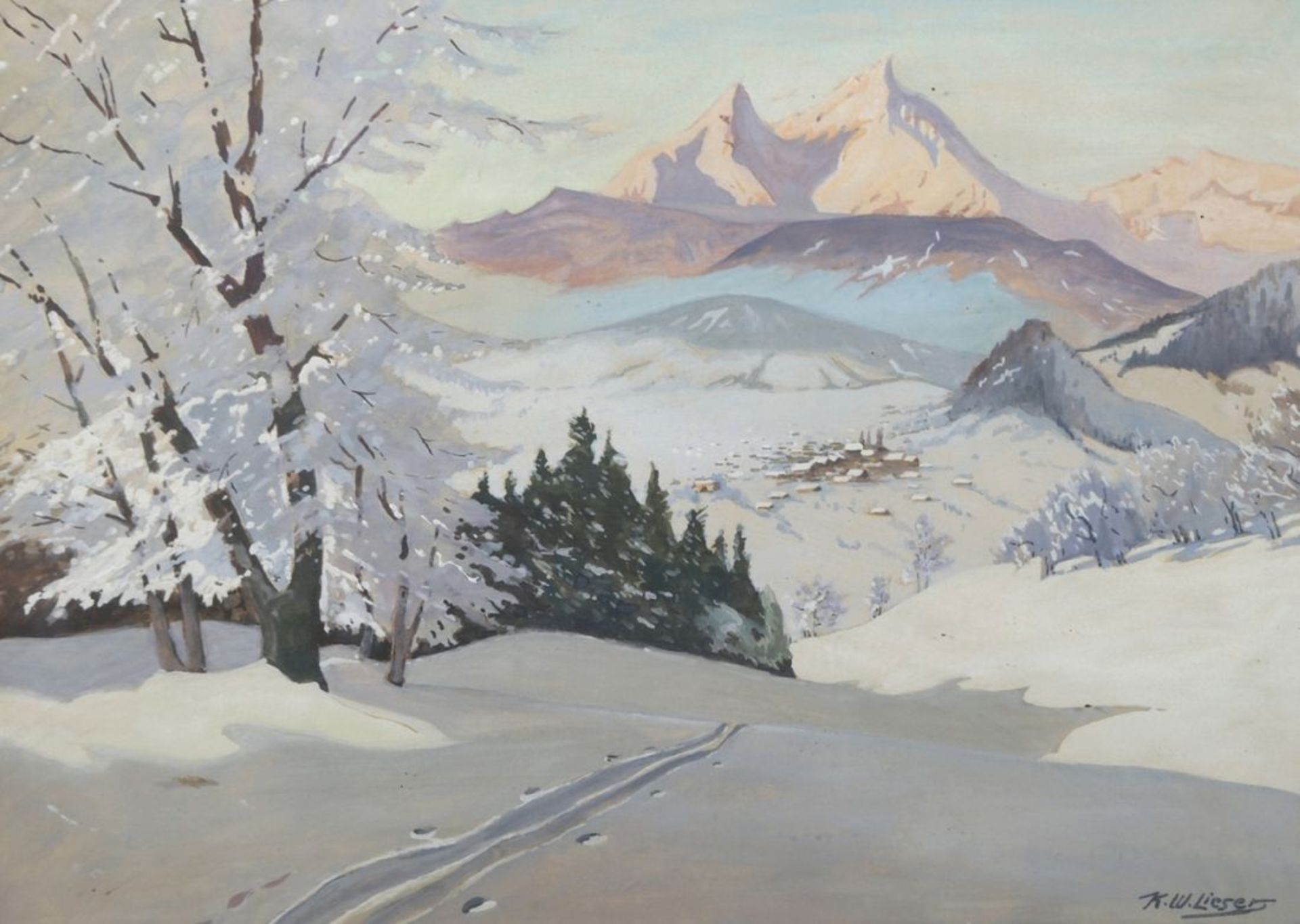 Lieser, K. W., dt. Maler Mitte 20. Jh. "Winterlandschaft mit Gebirgszug", Mischtechnik,sign., 2