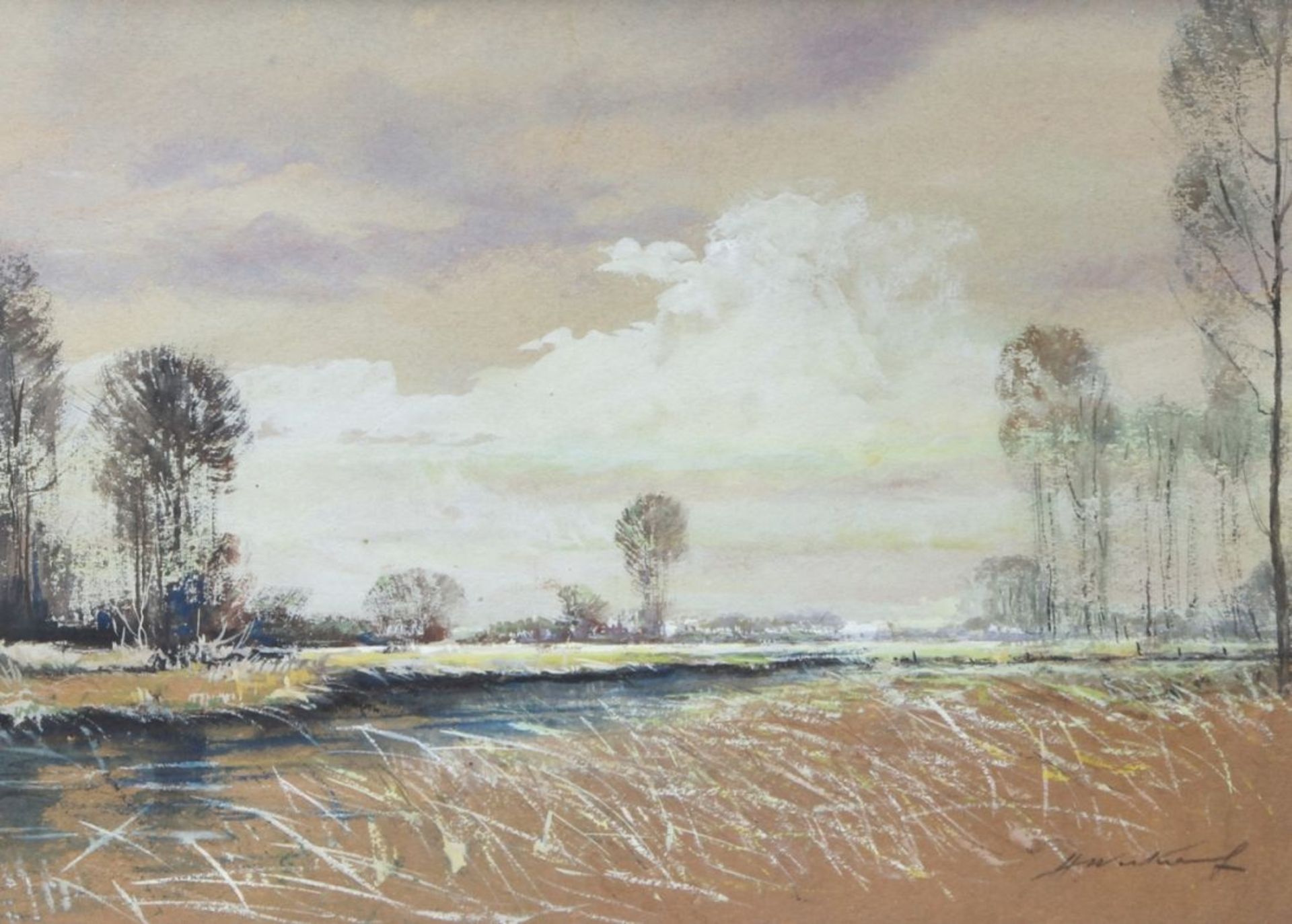 Unleserlich signierender Maler, Mitte 20. Jh. "Weite Landschaft", Mischtechnik, 35 x 48 cm<