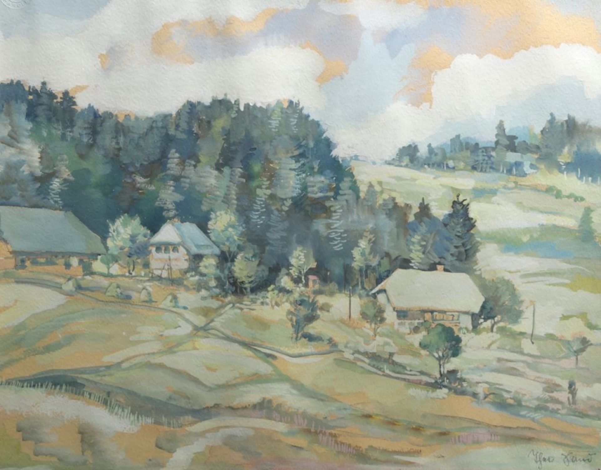 Unleserlich signierender Maler, Mitte 20. Jh. "Schwarzwaldlandschaft", Aquarell, 39 x 48cm<