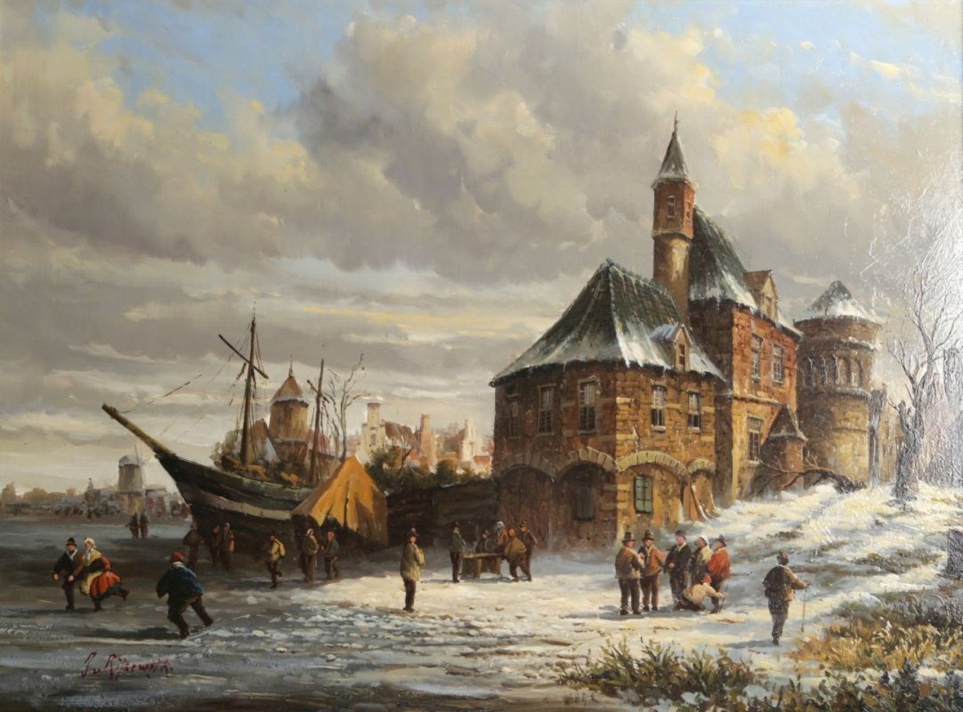 Rijsewijk, J.v., holländischer Maler 2. Hälfte 20. Jh. "Holländische Winterlandschaft mitreiche