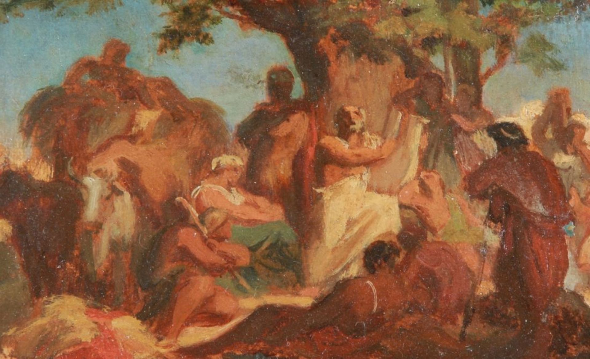 Anonymer Maler, 19. Jh., in der Art von Eugene Delacroix. "Mythologische Figurenszene",Öl/Papie