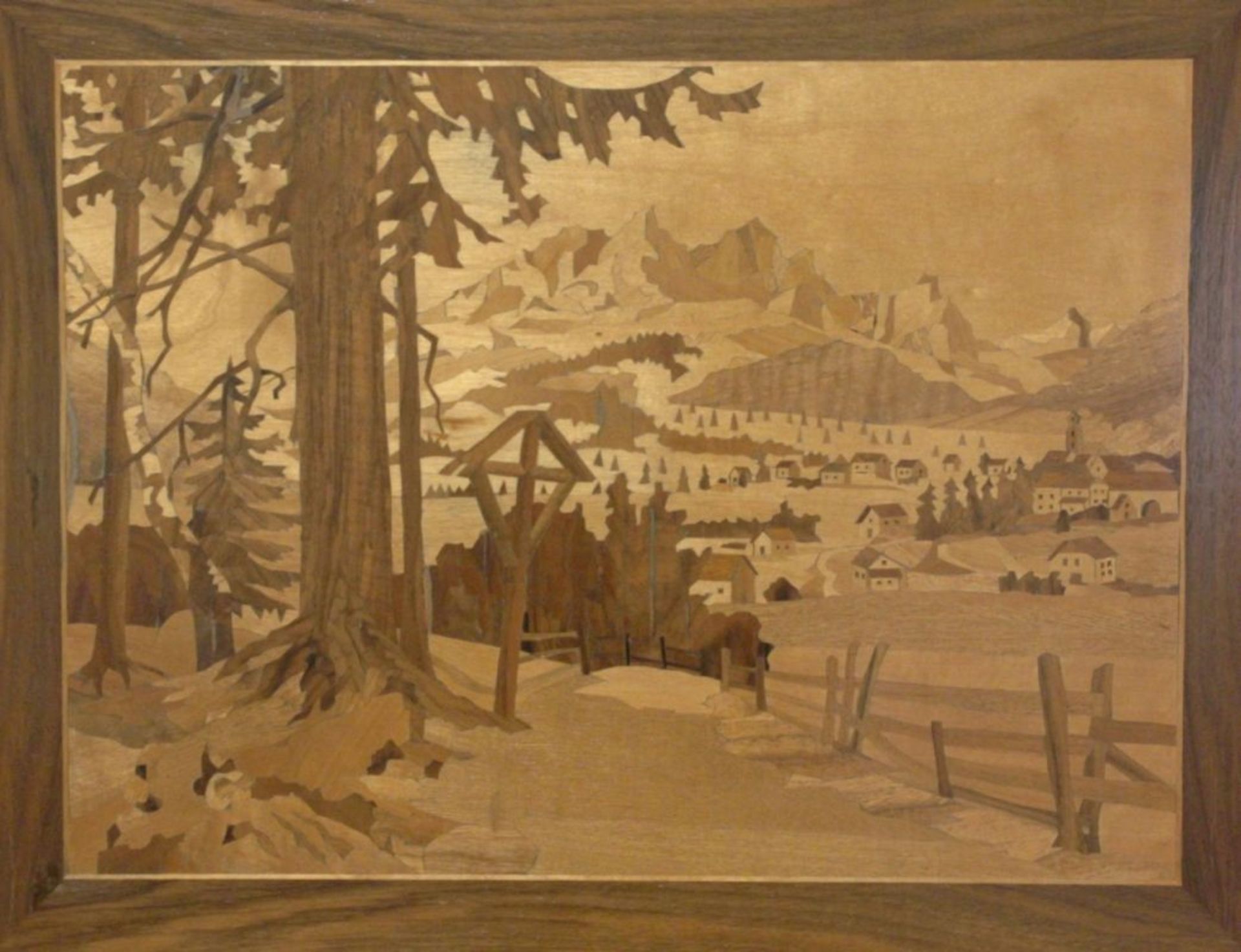 Anonymer Künstler, Mitte 20. Jh. "Dorfansicht mit Blick auf Bergmassiv", Intarsien-Bild,35 x 48