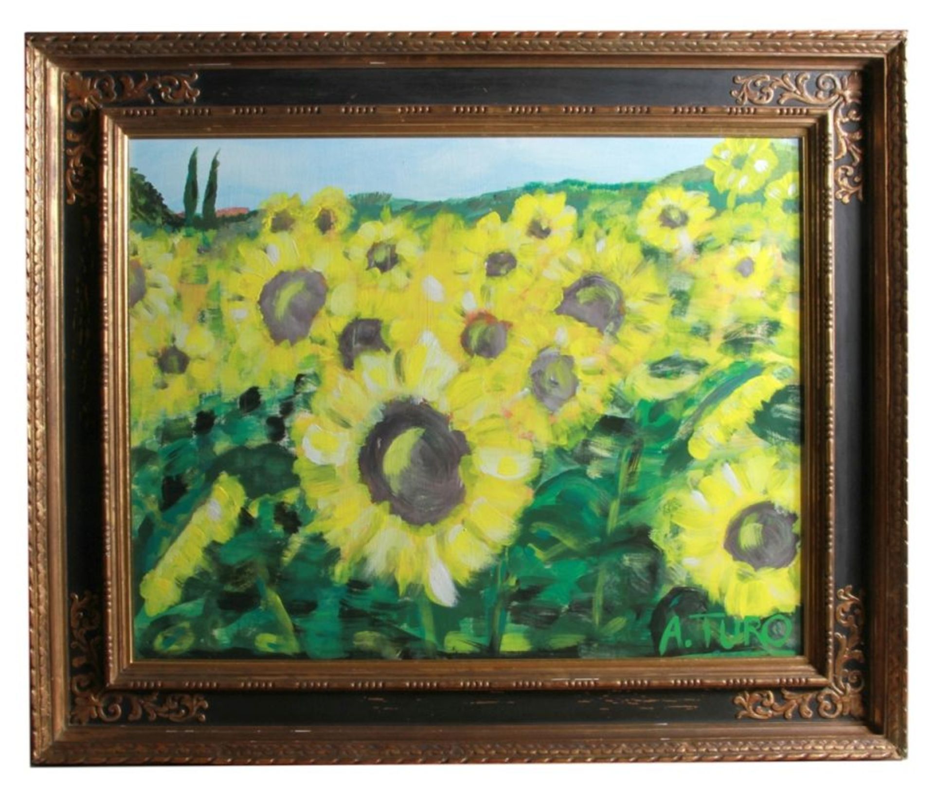 Turo, A., italienischer Maler 2. Hälfte 20. Jh. "Sonnenblumenfeld in der Toscana", sign.,Öl/Hol - Bild 2 aus 3