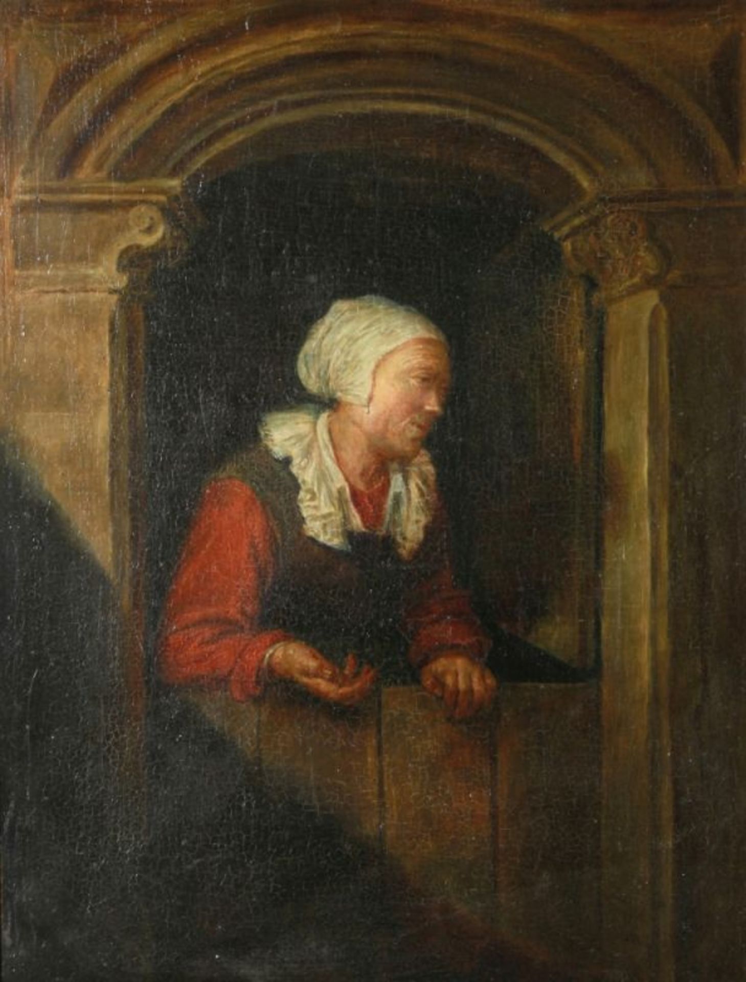 Anonymer Maler, 18./19. Jh. "Frau im Türbogen", Öl/Holz, 29,5 x 22 cm