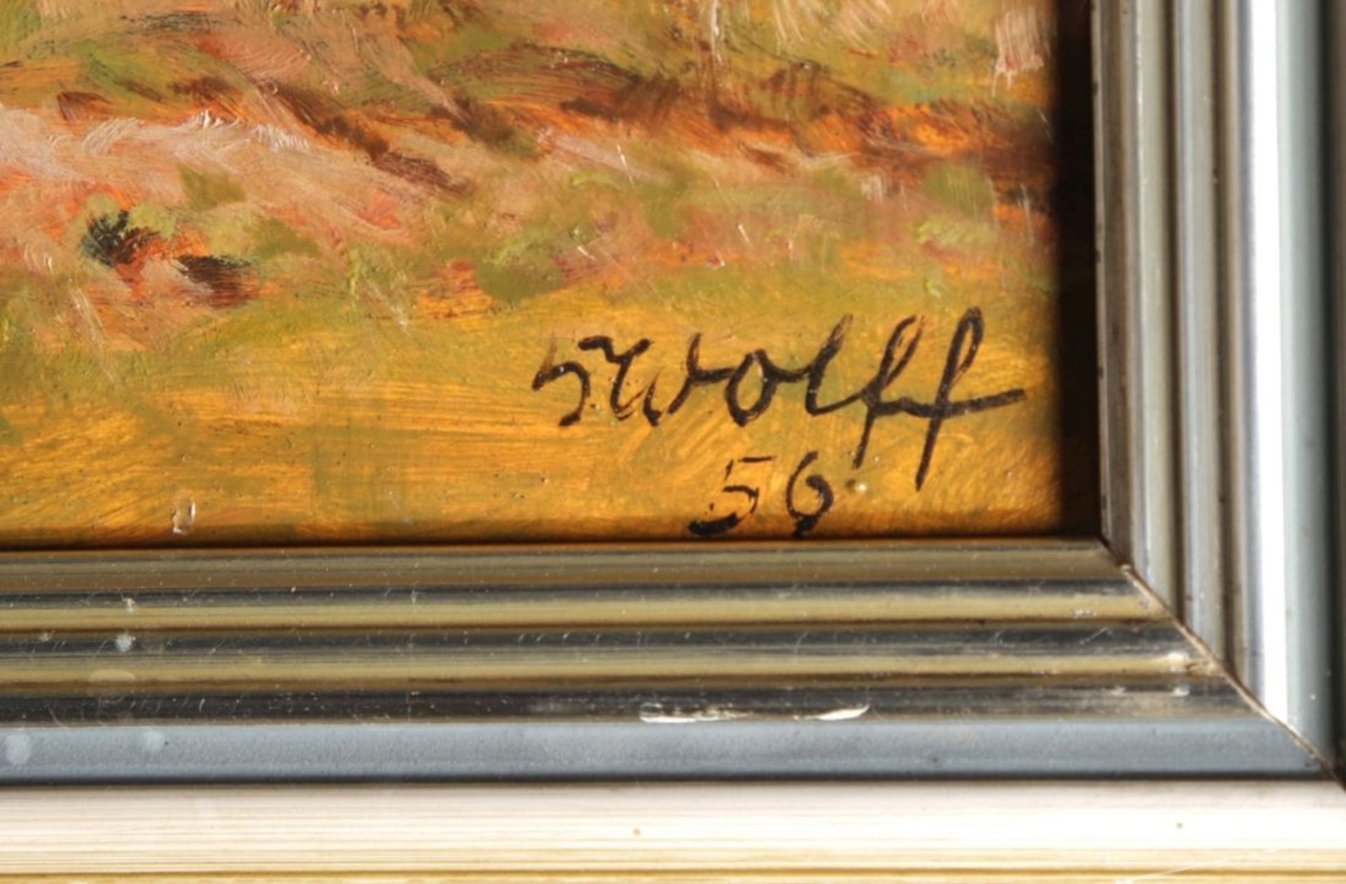 Wolff, dt. Maler Mitte 20. Jh. "Kühe auf der Weide", sign., dat. 1956, Öl/Hartfaser, 75 x60 cm< - Bild 2 aus 2