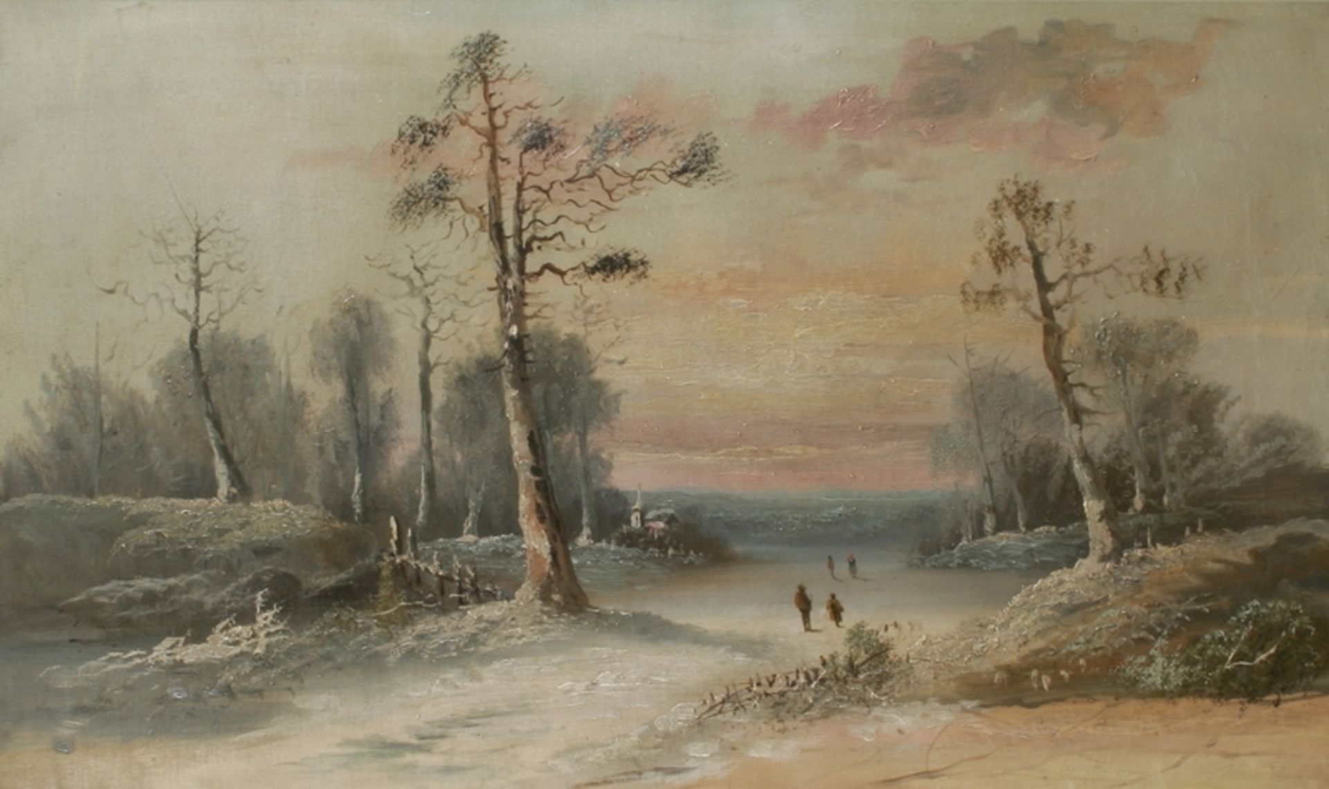 Anonymer Maler, 19. Jh. "Winterlandschaft im Abendrot", Öl/Lw., 56 x 90 cm, rest. bed.