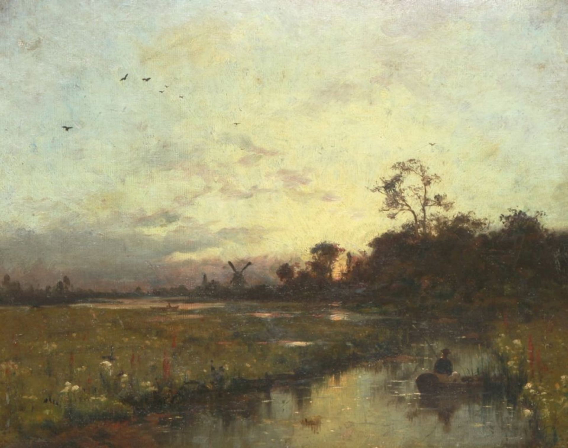 Anonymer Maler, 19./20. Jh. "Angler auf dem Teich mit Blick auf Windmühle", Öl/Lw., 40 x51 cm<b