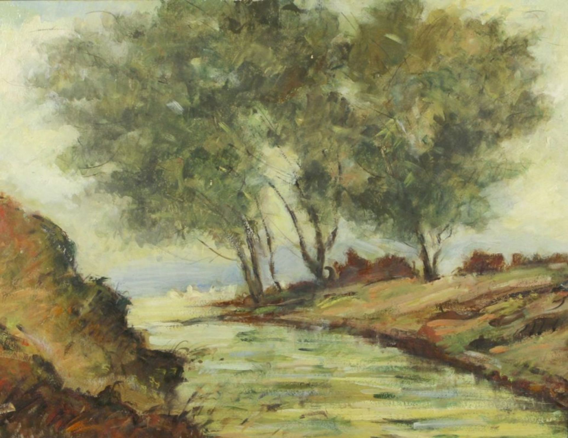 Unleserlich signierender Maler, dt. Schule Mitte 20. Jh. "Landschaft mit Bachlauf",Öl/Malpappe,