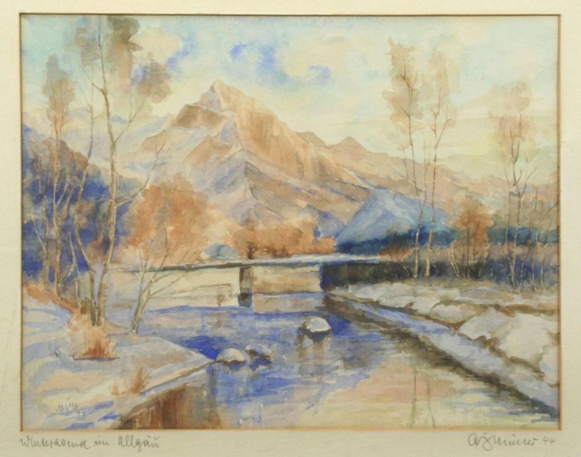 Müller, A.J, dt. Maler 1. Hälfte 20. Jh. "Winterabend im Allgäu", Aquarell, monogr. undhandsign