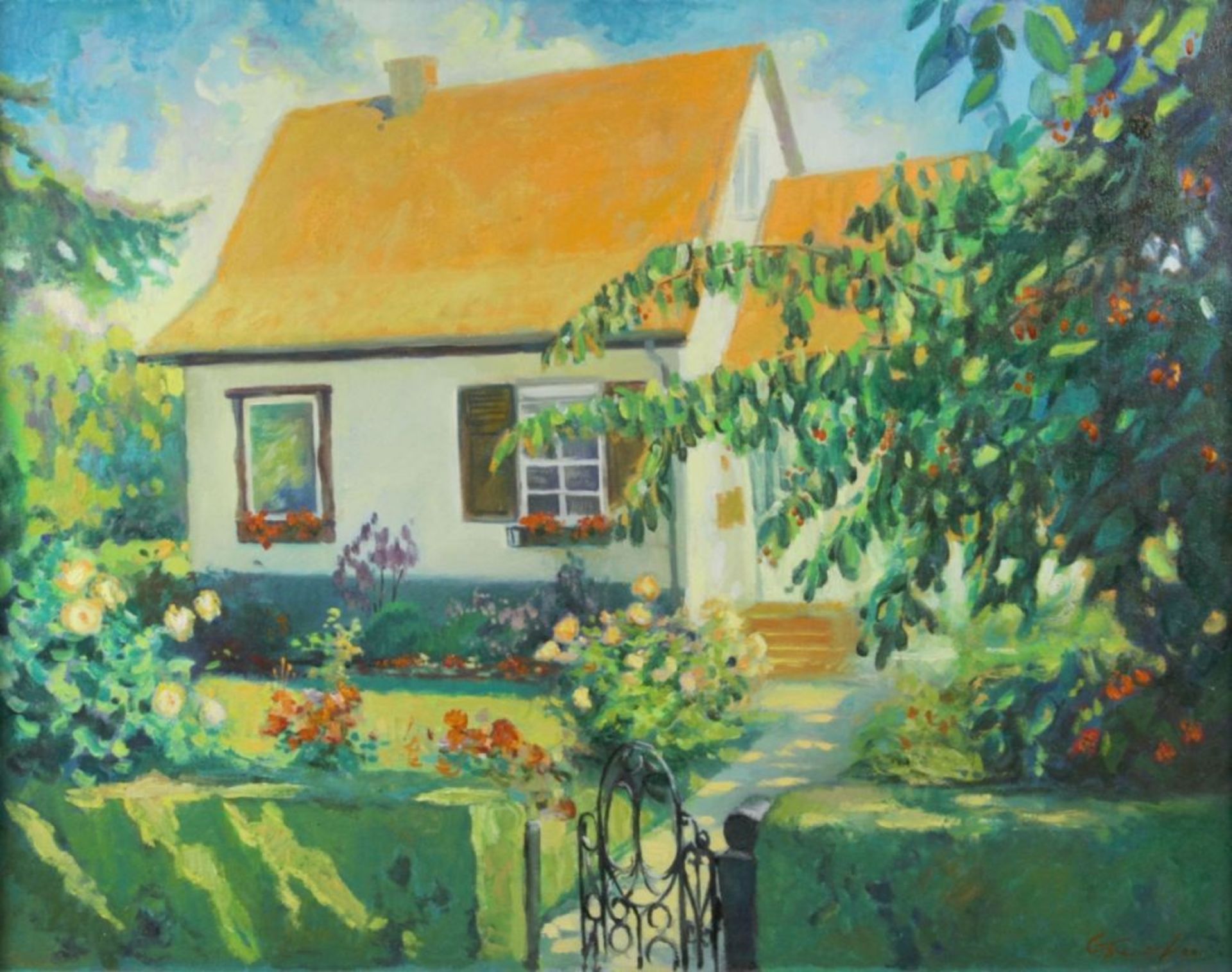 Unleserlich signierender Maler, zeitgenössisch. "Sonnendurchfluteter Garten", Öl/Lw., 46 x59 cm