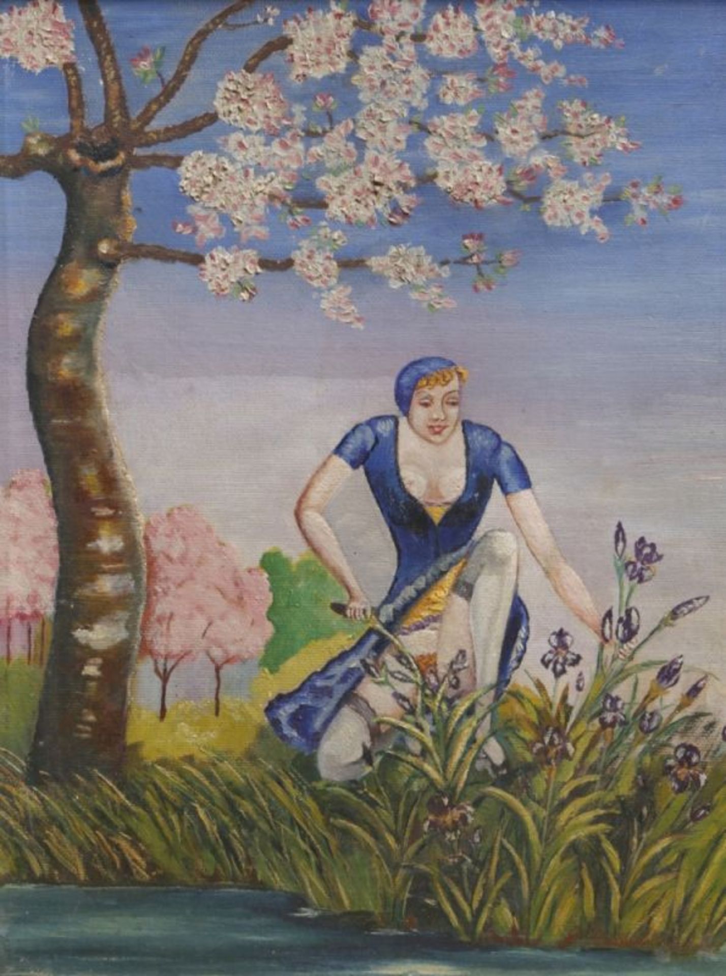 Anonymer Maler, Mitte 20. Jh. "Frau in aufreizender Pose in Landschaft", Öl/Malpappe, 35 x27 cm