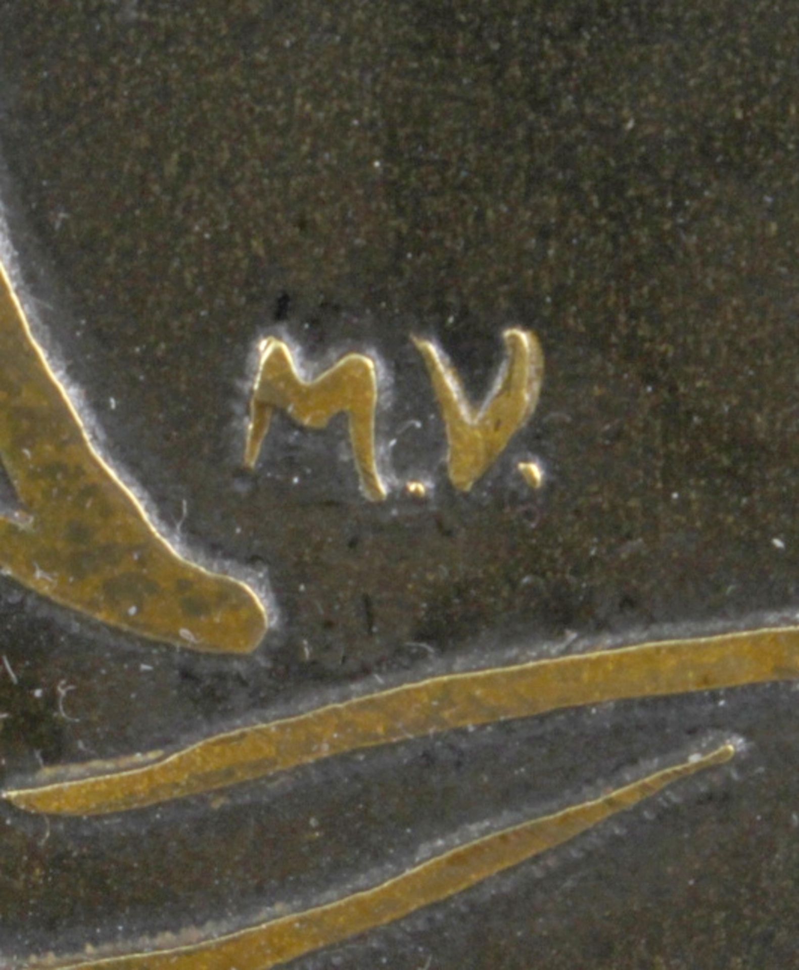 Metall-Wandplatte, monogrammiernder Künstler M. V., 50/60er Jahre, hochrechteckigeGrundform mit - Bild 2 aus 3