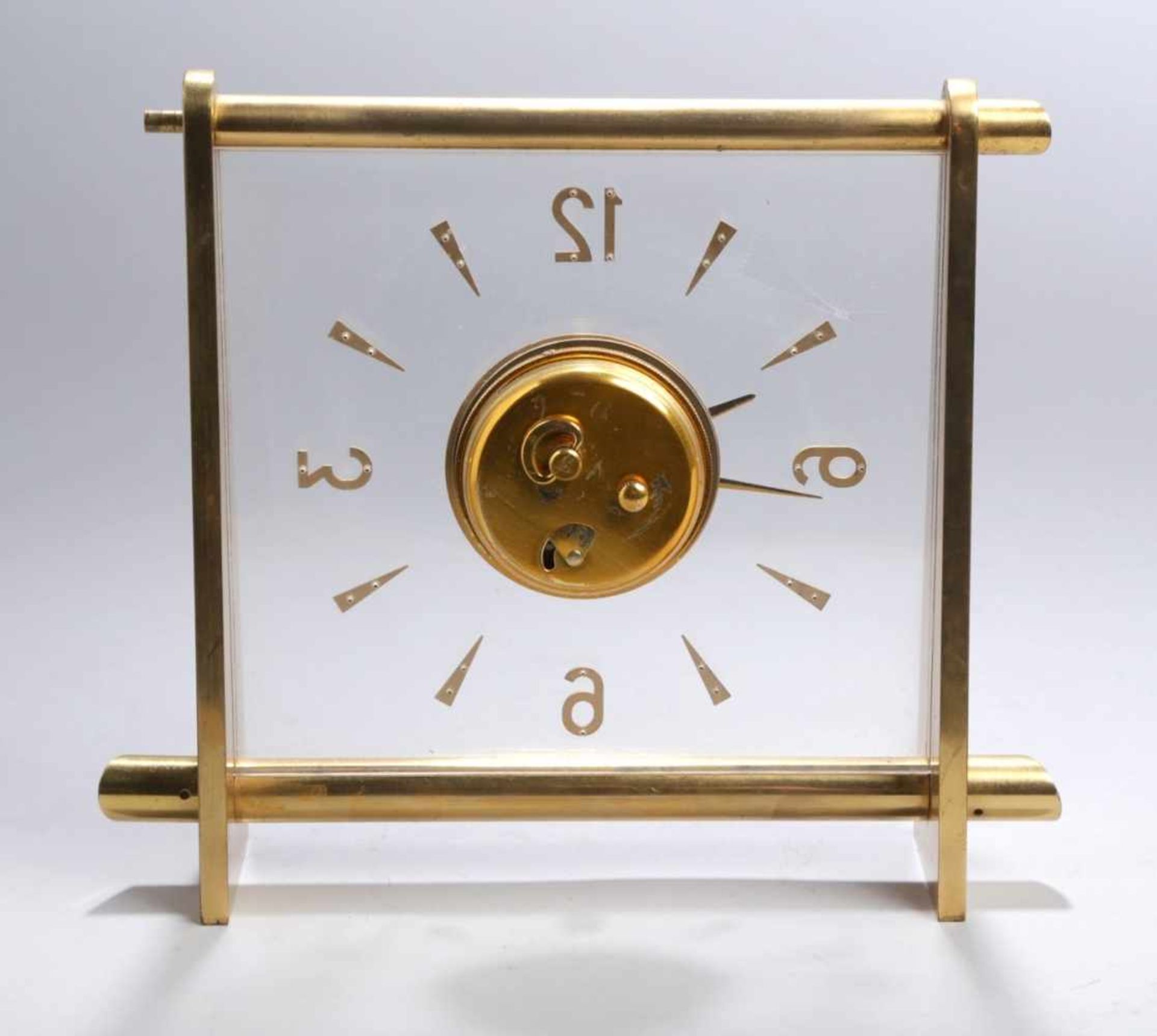 Tisch-Uhr, Jaeger Le Coultre, 50er Jahre, mechanisches Werk, Messinggehäuse, H 17 cm, 1oberer, - Bild 2 aus 3