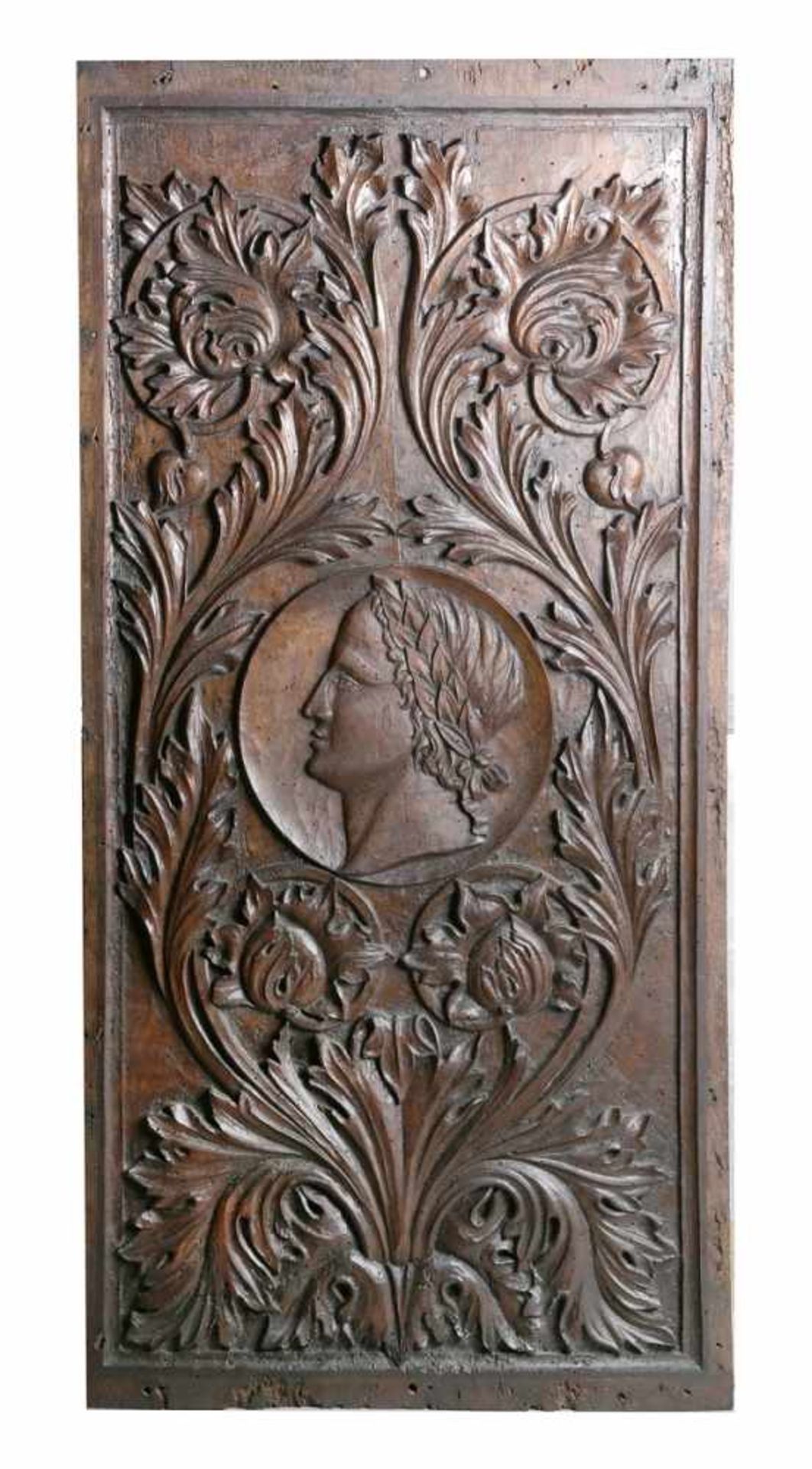 Holz-Relieftafel, 19. Jh., ehemals Türfüllung, hochrechteckige Form, reliefplastischebeschnitzt