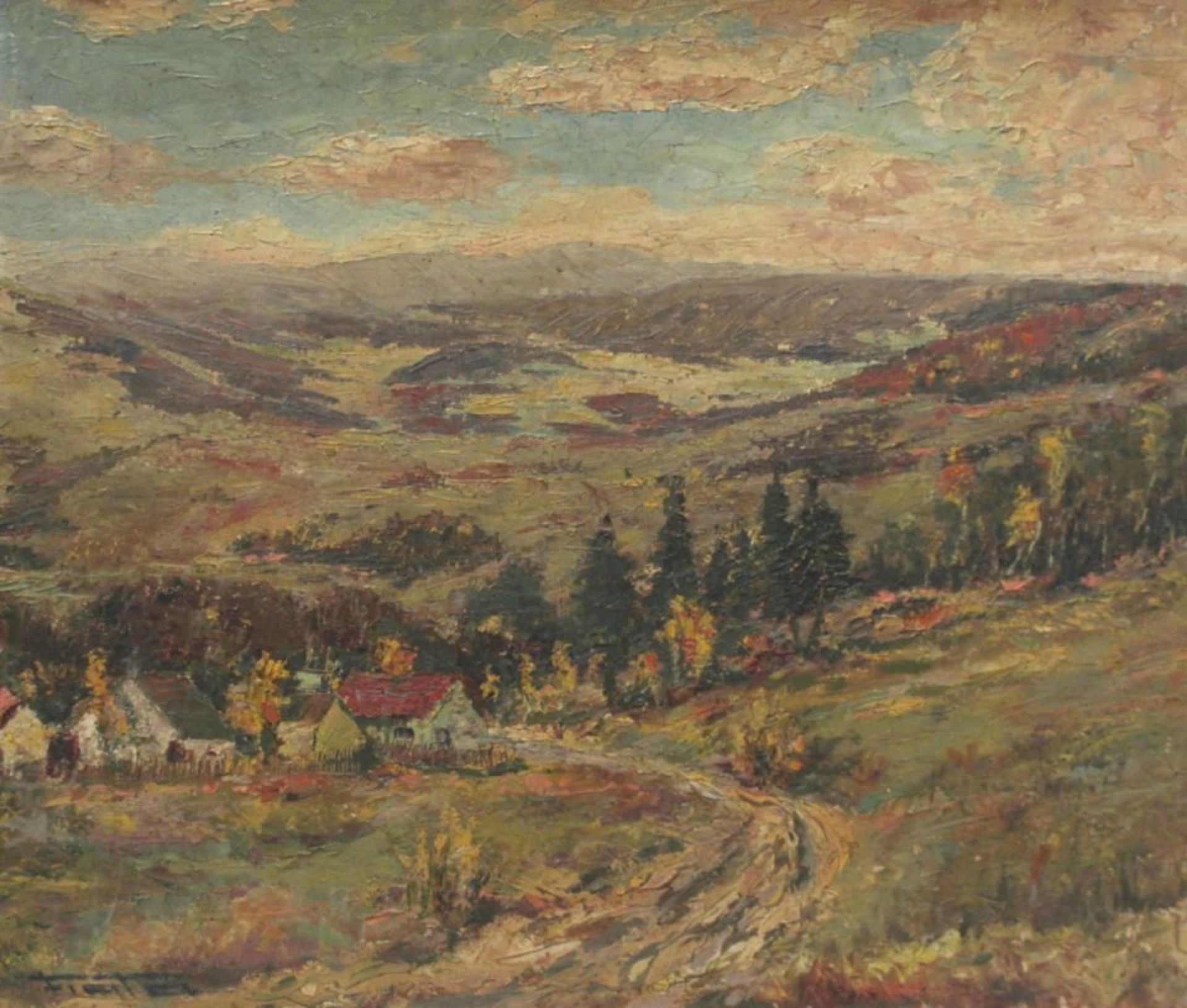 Unleserlich signierender Maler, Mitte 20. Jh. "Weite Landschaft", Öl/Malpappe, 59 x 69 cm<b