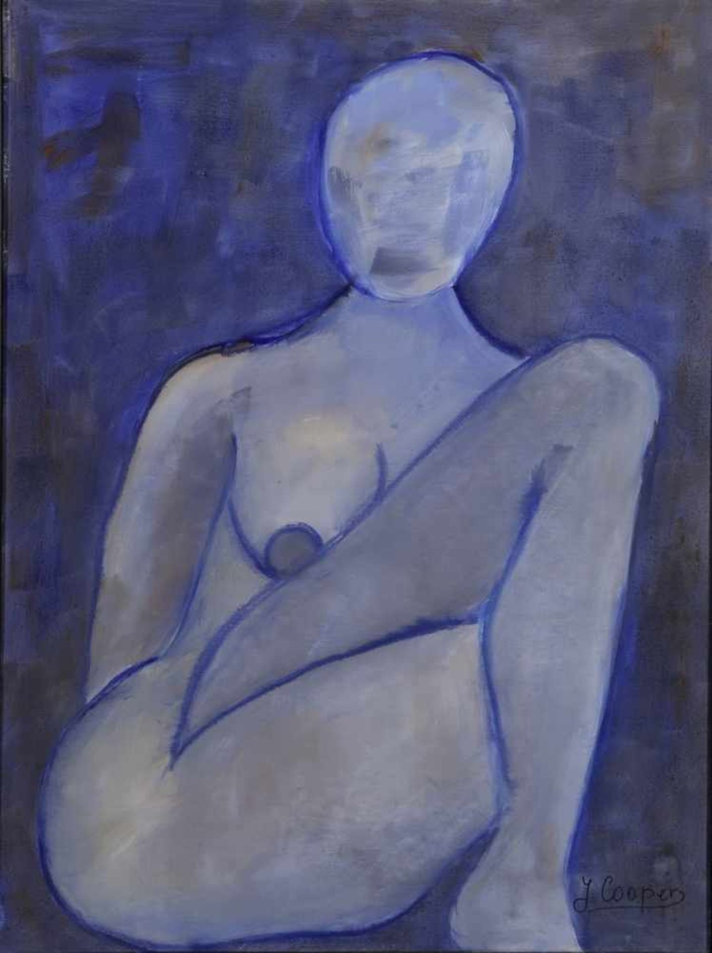 Cooper, J., zeitgenössischer Maler. "Sitzender, weiblicher Akt in Blau", sign., Öl/Lw., 80x 60