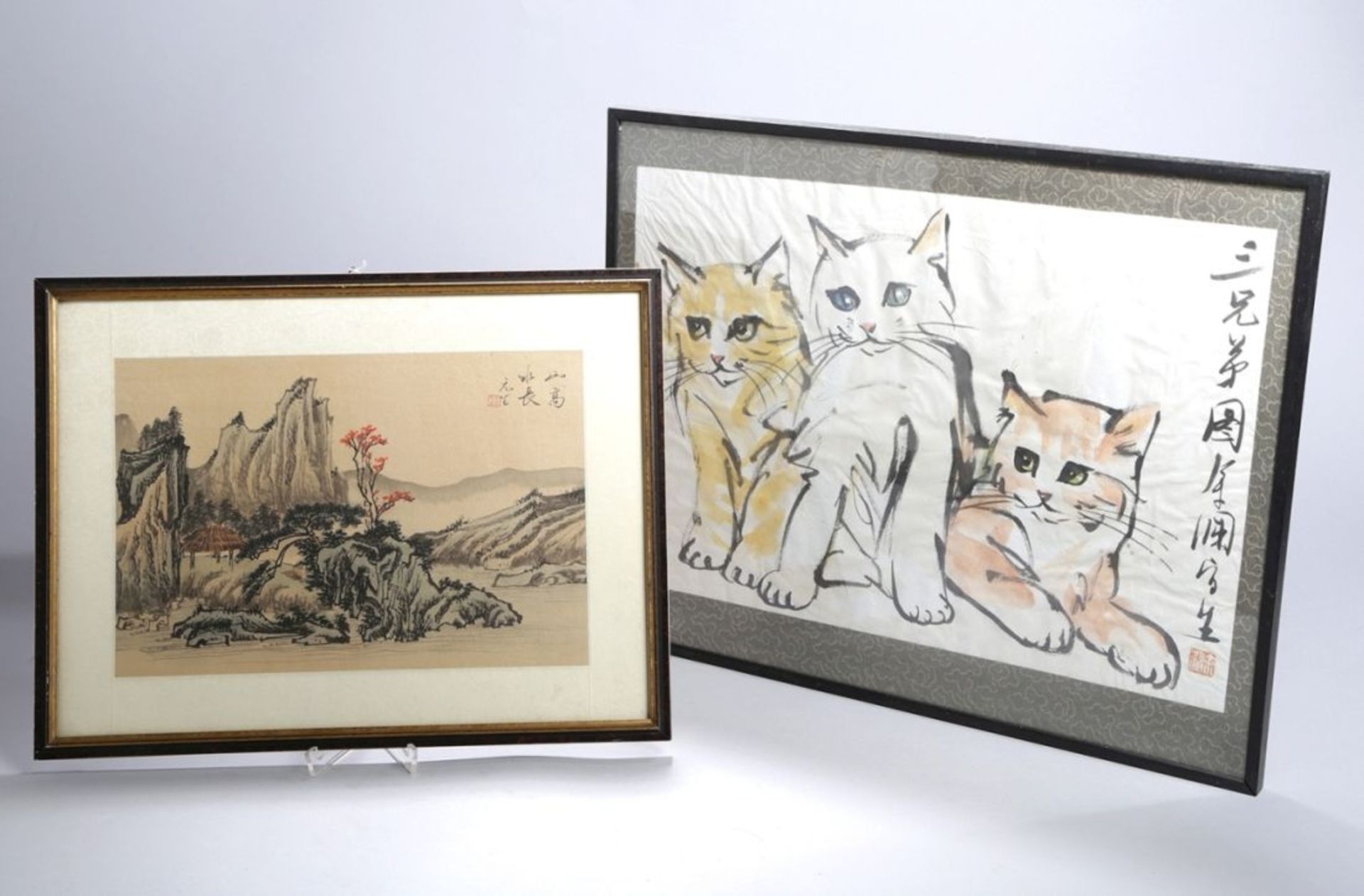 Zwei Aqarell-Malereien, China, 2. Hälfte 20. Jh., Landschaft bzw. 3 Katzen mit schwarzerKalligr