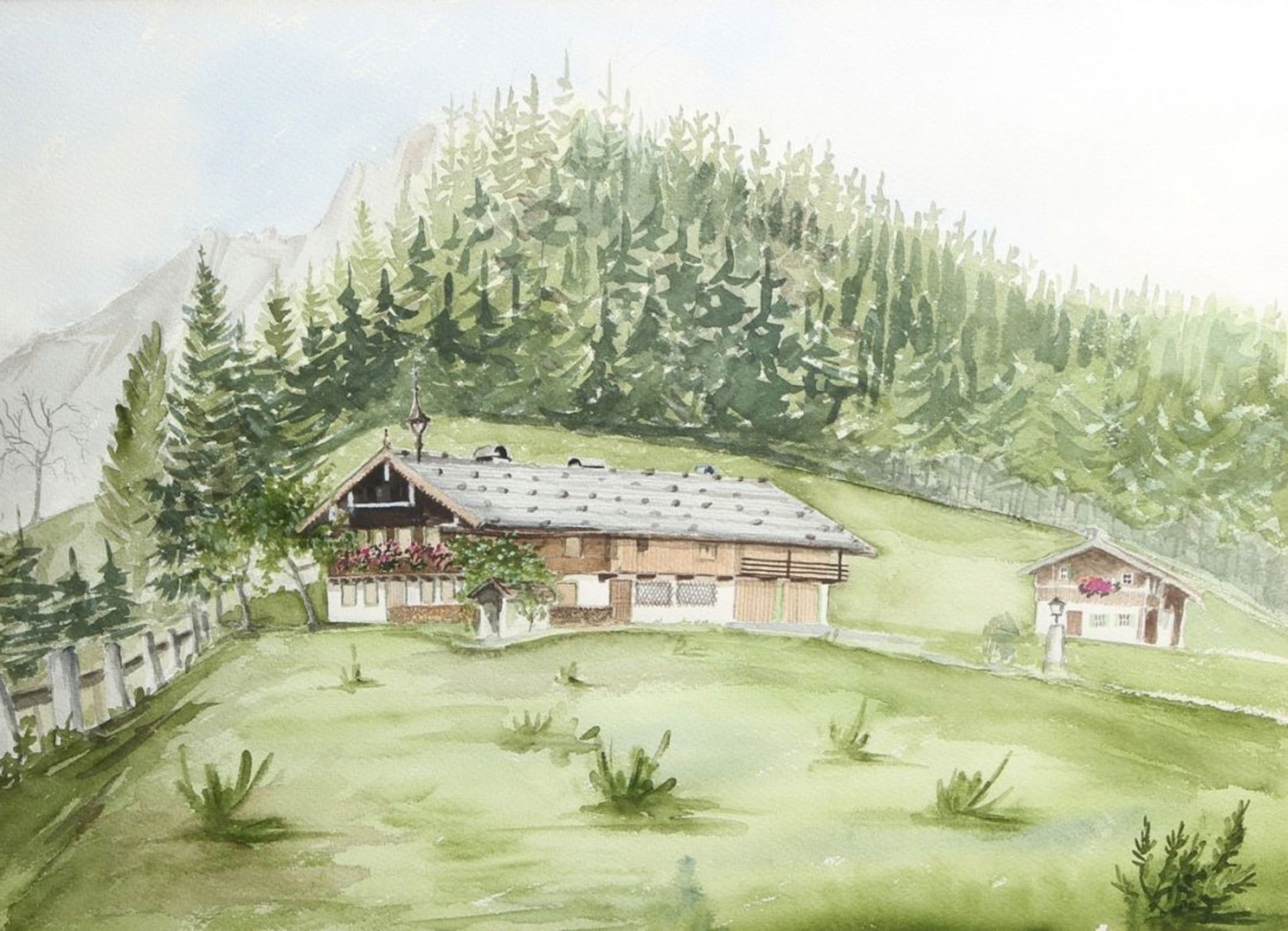 Unleserlich signierender Maler, 2. Hälfte 20. Jh. "Landhaus in Rettenbach/Tirol",Aquarell, dat.