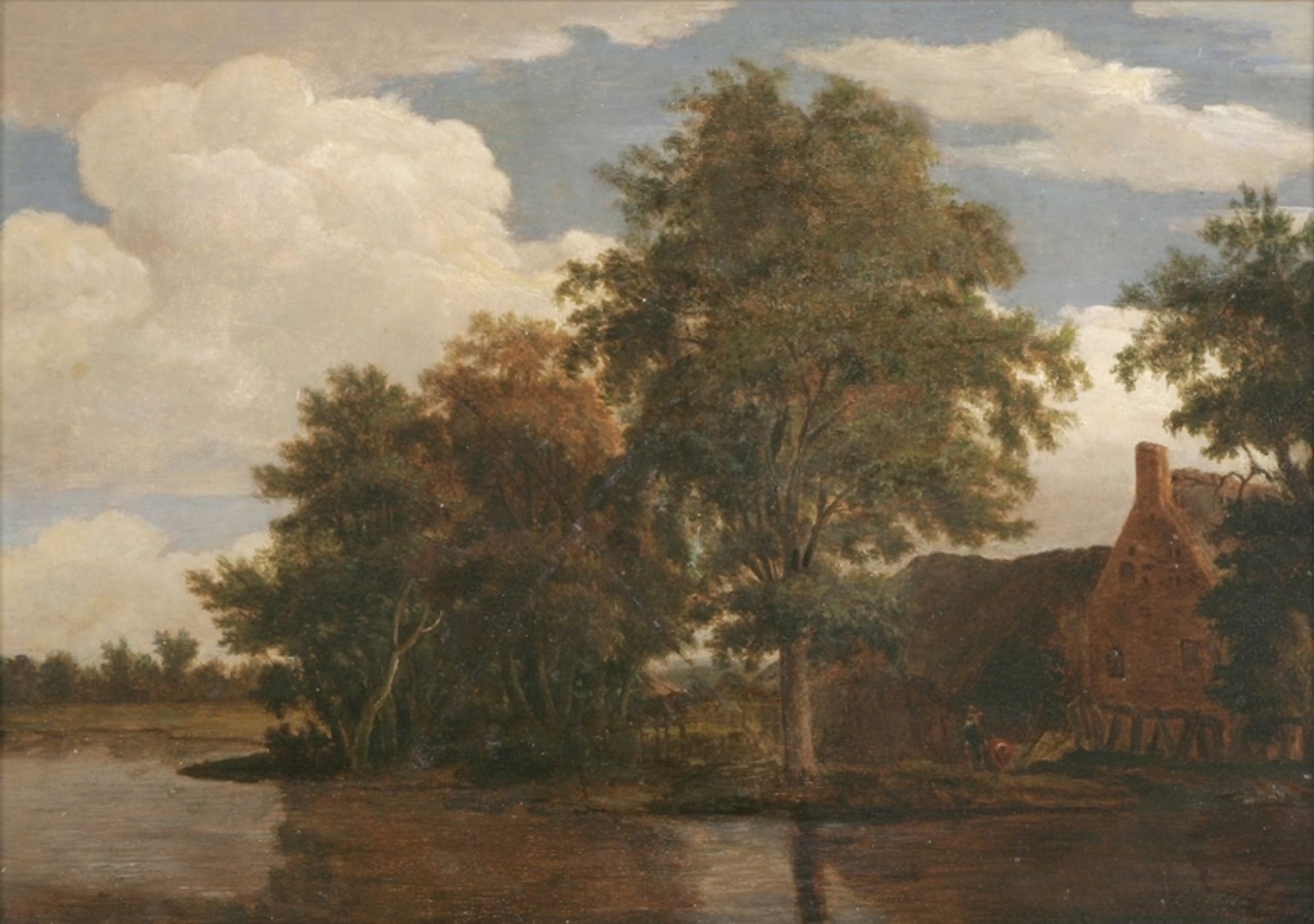 Anonymer Maler, 19. Jh. "Gehöft am Teich", Öl/Holz, 33 x 45 cm