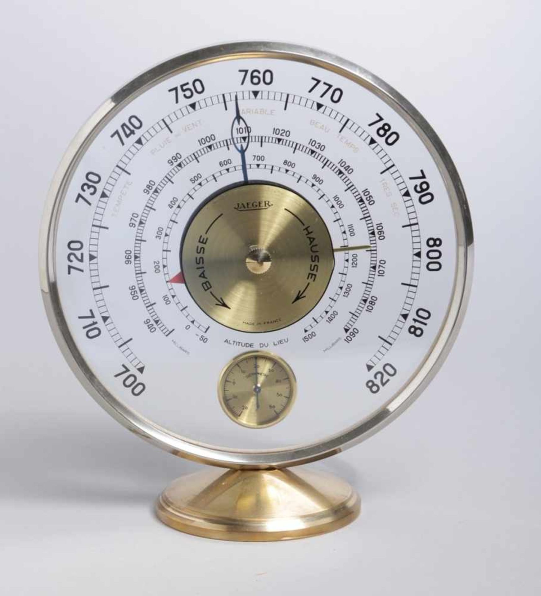 Barometer, Jaeger Le Coultre, 50er Jahre, runder Messingfuß, Barometer in silberfarbenemMetallr