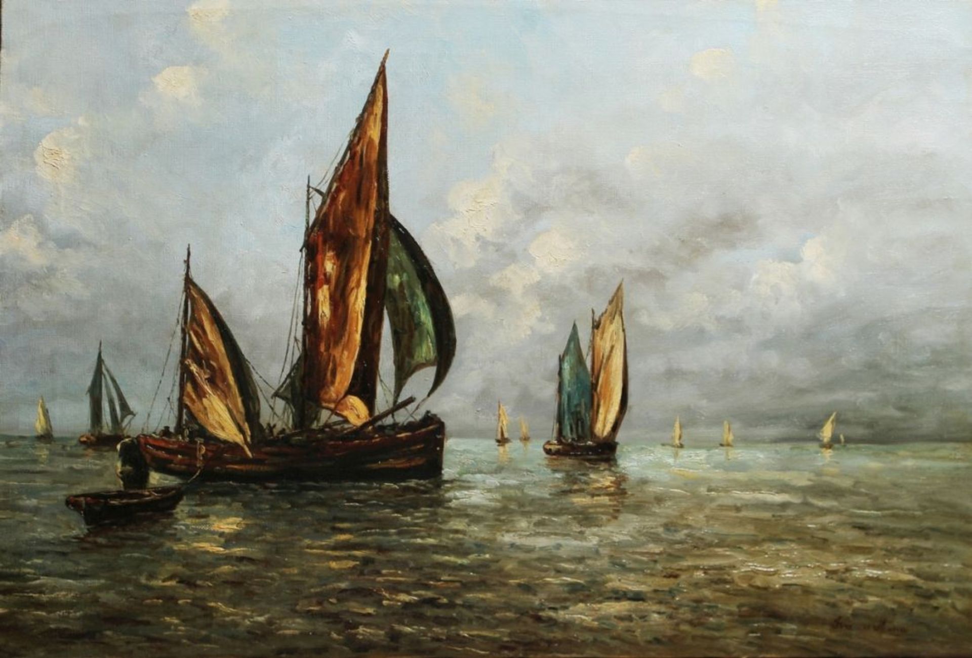 Unleserlich signierender Maler, 1. Hälfte 20. Jh. "Fischerboote auf See", Öl/Lw., 40 x 60cm