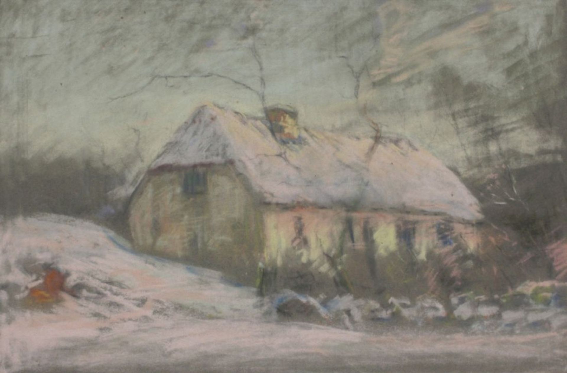 Anonymer Maler, 1. Hälfte 20. Jh. "Gehöft in Winterlandschaft", Pastell, 46 x 67 cm