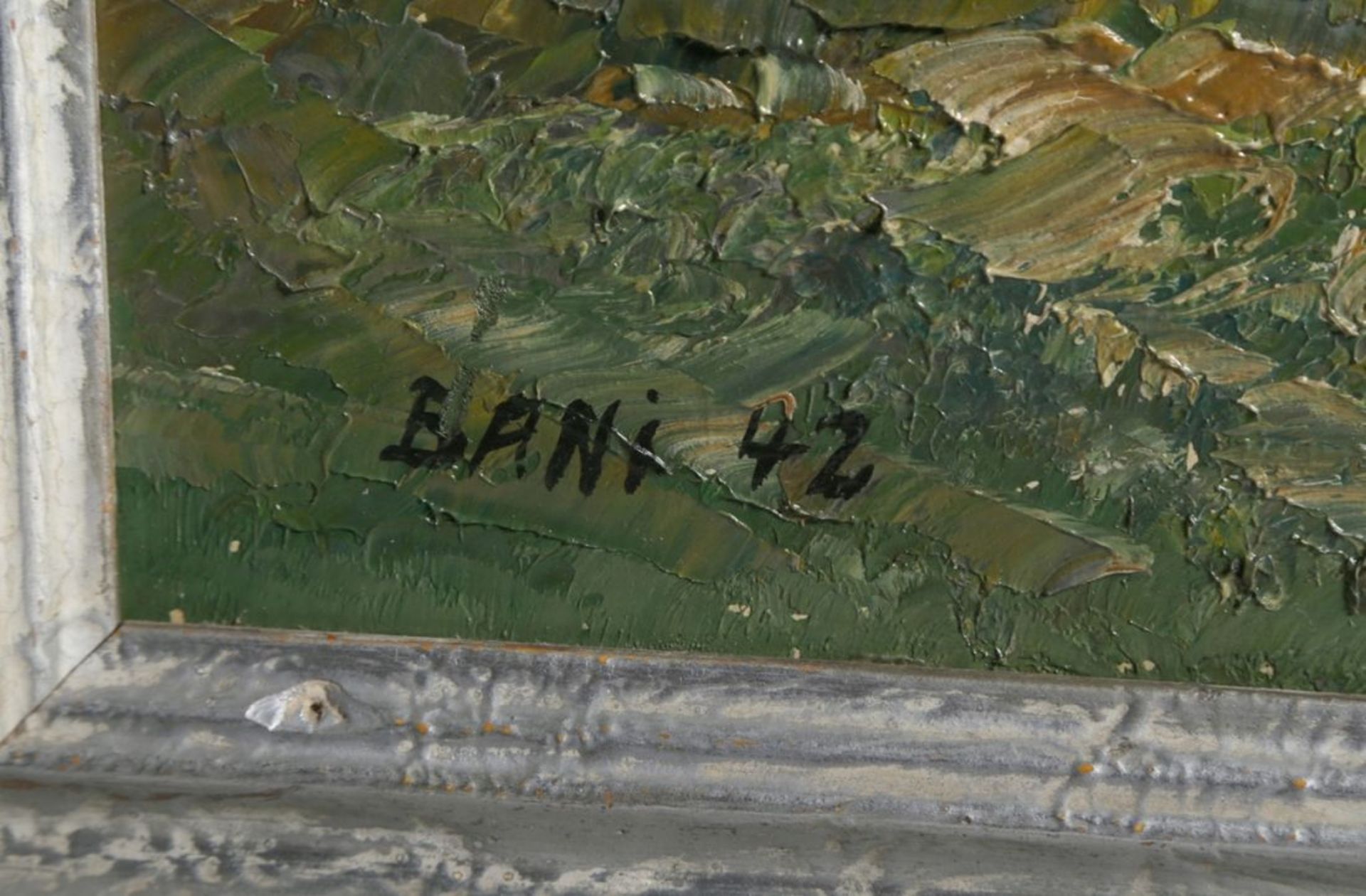 Bani, Maler 1. Hälfte 20. Jh. "Gebirgshof", sign., dat. 1942, Öl/Holz, 78 x 91 cm - Bild 2 aus 2