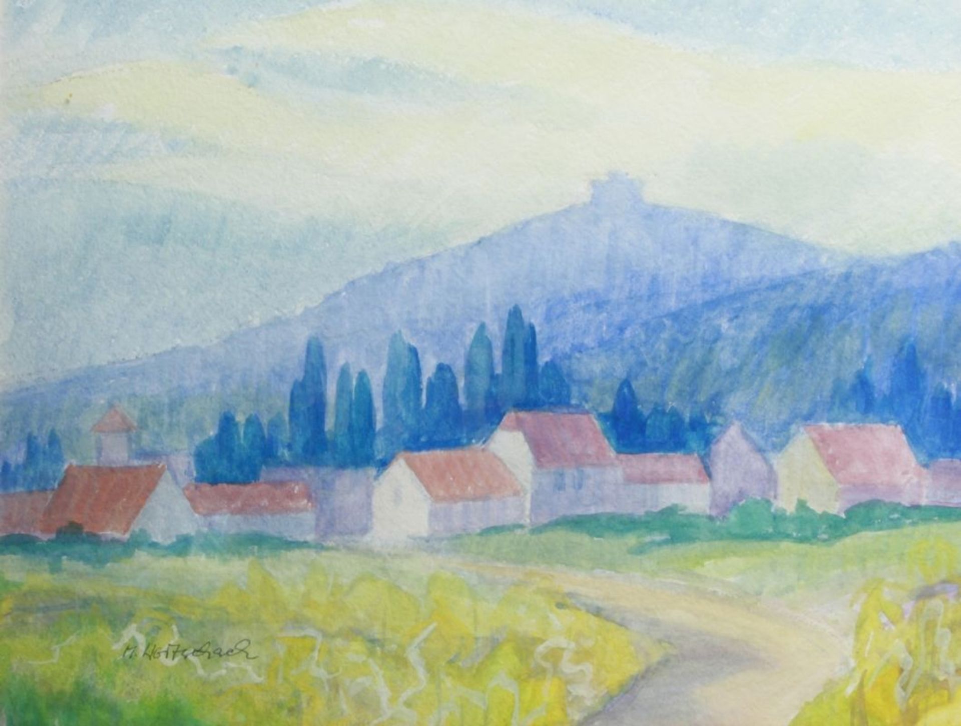 Woitschach, Marcella, Pfälzer Malerin Mitte 20. Jh. "Blick auf das Dorf", Aquarell, sign.,36 x