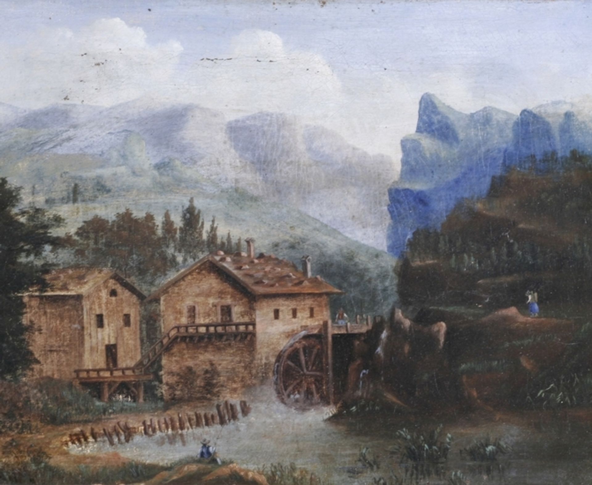 Anonymer Maler, 19. Jh. "Gebirgslandschaft mit Mühle", Öl/Malpappe, 30 x 39,5 cm, besch.<br