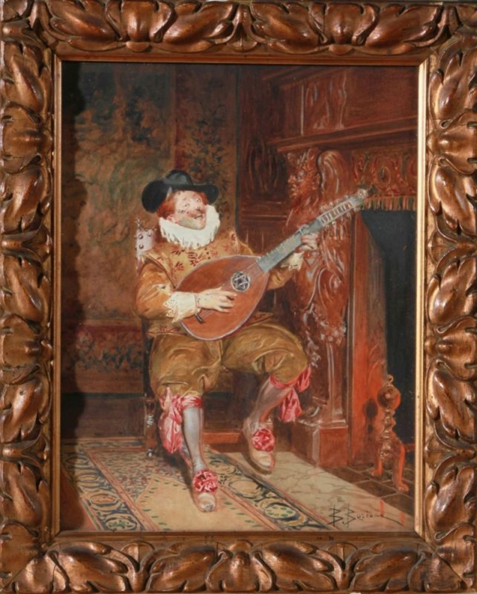 Borione, Bernard Louis, französischer Maler geb. 1865. "Musikant vor dem Kamin", Aquarell,sign.