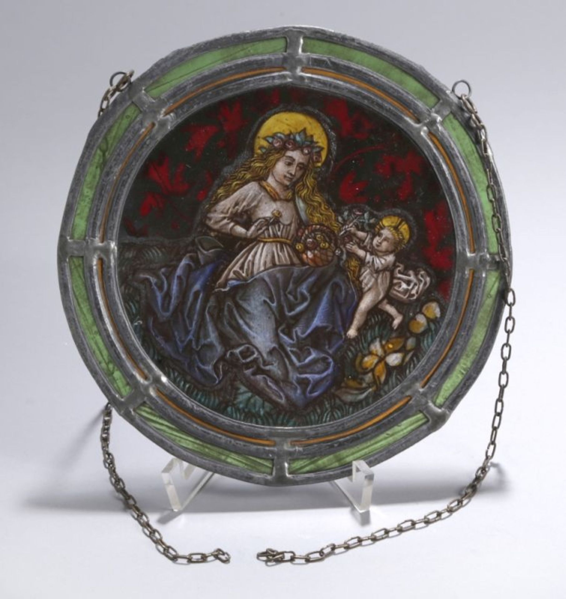 Bleiverglasung, 19. Jh., rund, mythologische Figurenszene, polychrom, D 17,5 cm